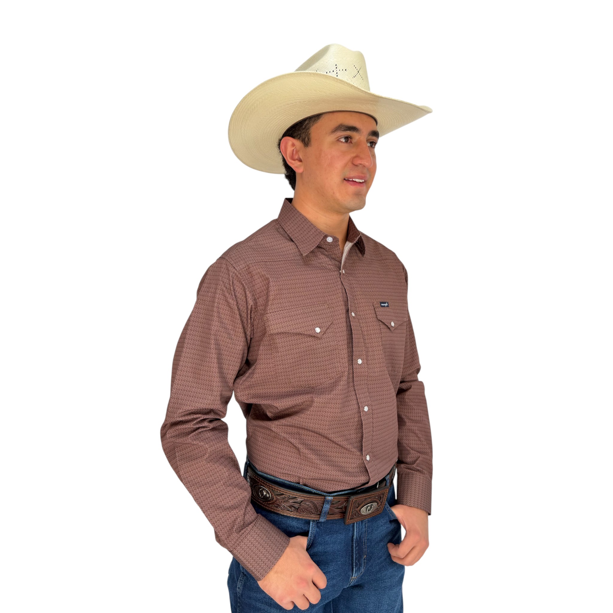 CAMISA WRANGLER VAQUERA DE CABALLERO COLOR LADRILLO CON DISEÑO GEOMÉTRICO