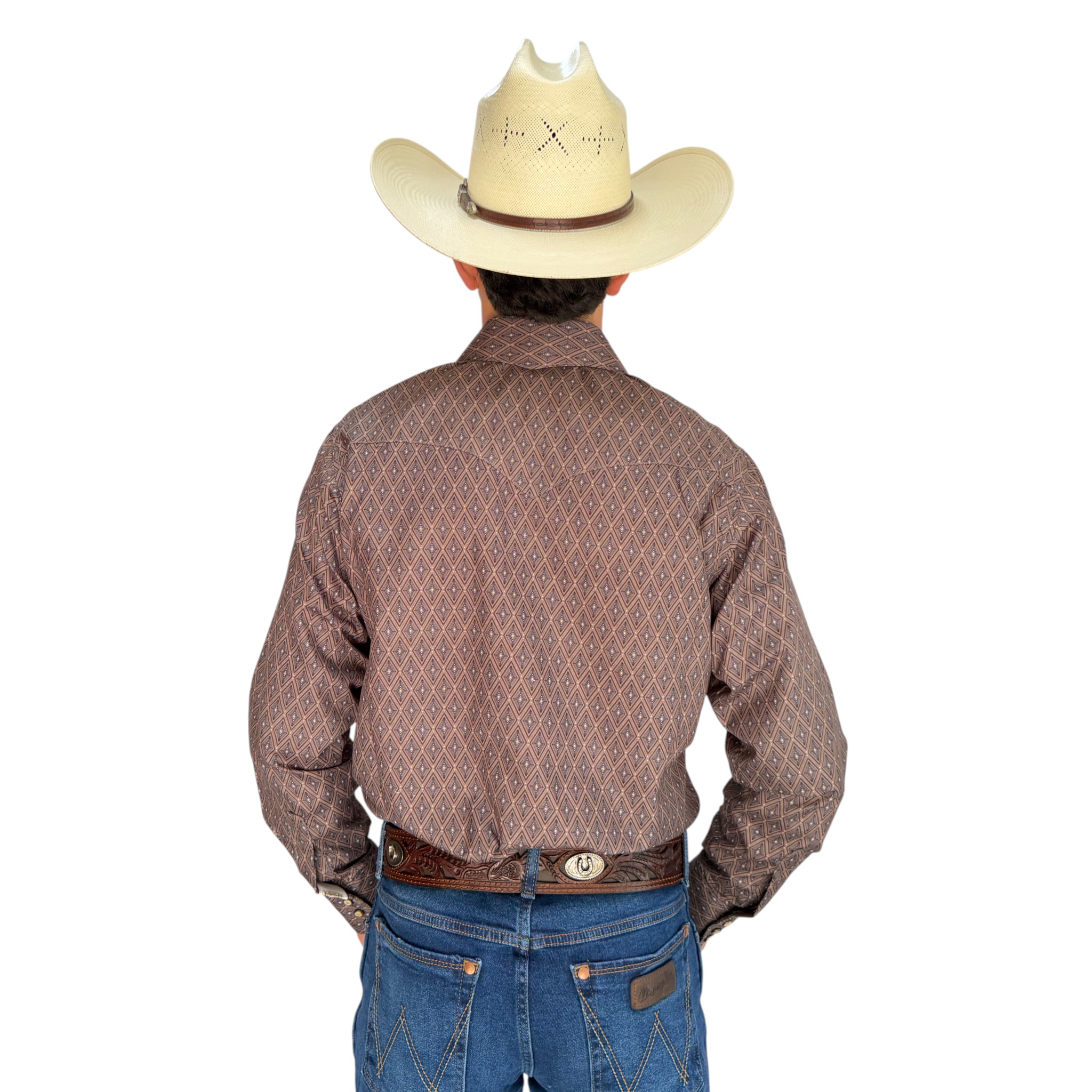 CAMISA RODEO WEST CABALLERO ROJO LADRILLO CON DISEÑO ROMBO