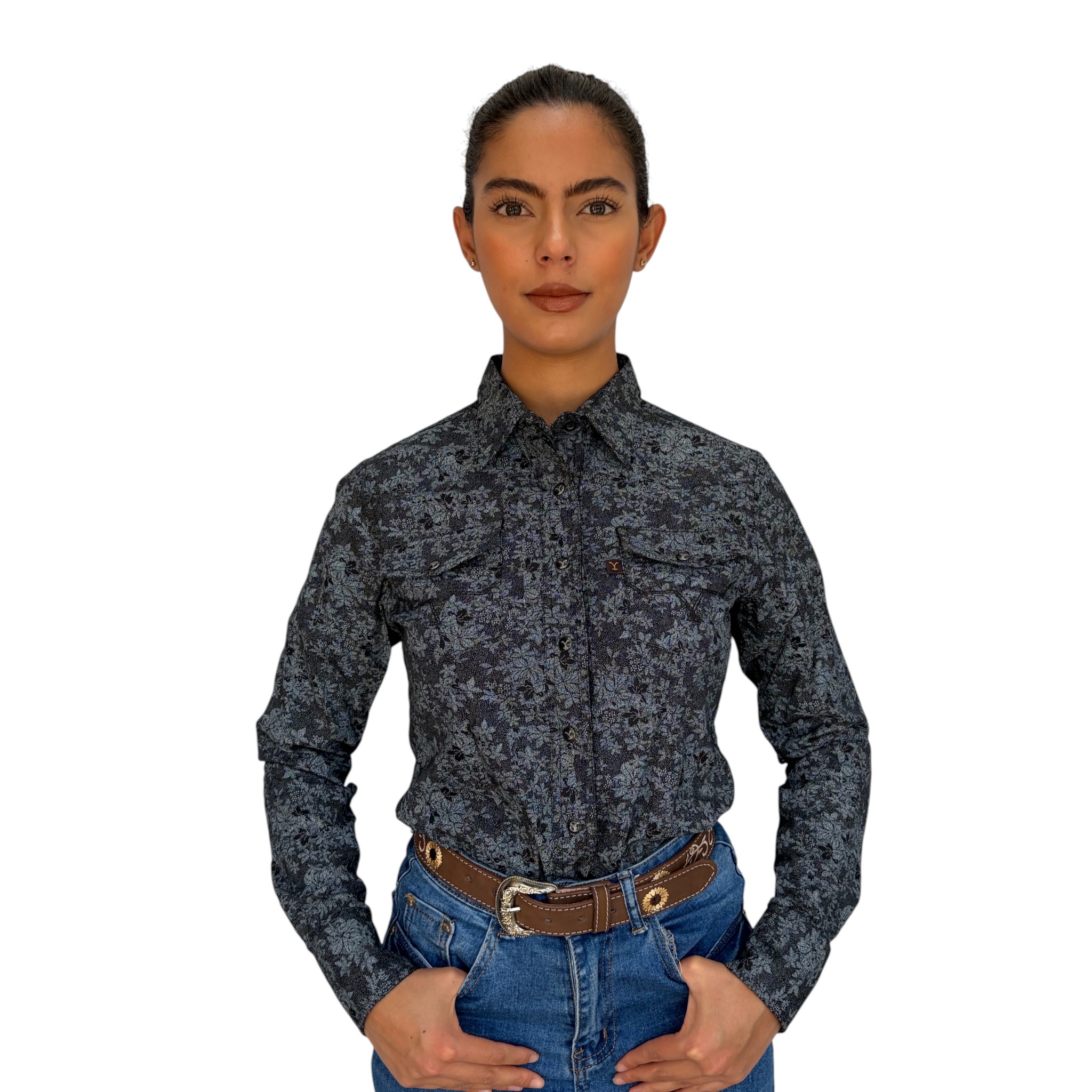 CAMISA DAMA YELLOWSTONE MODELO FLORES GRIS.