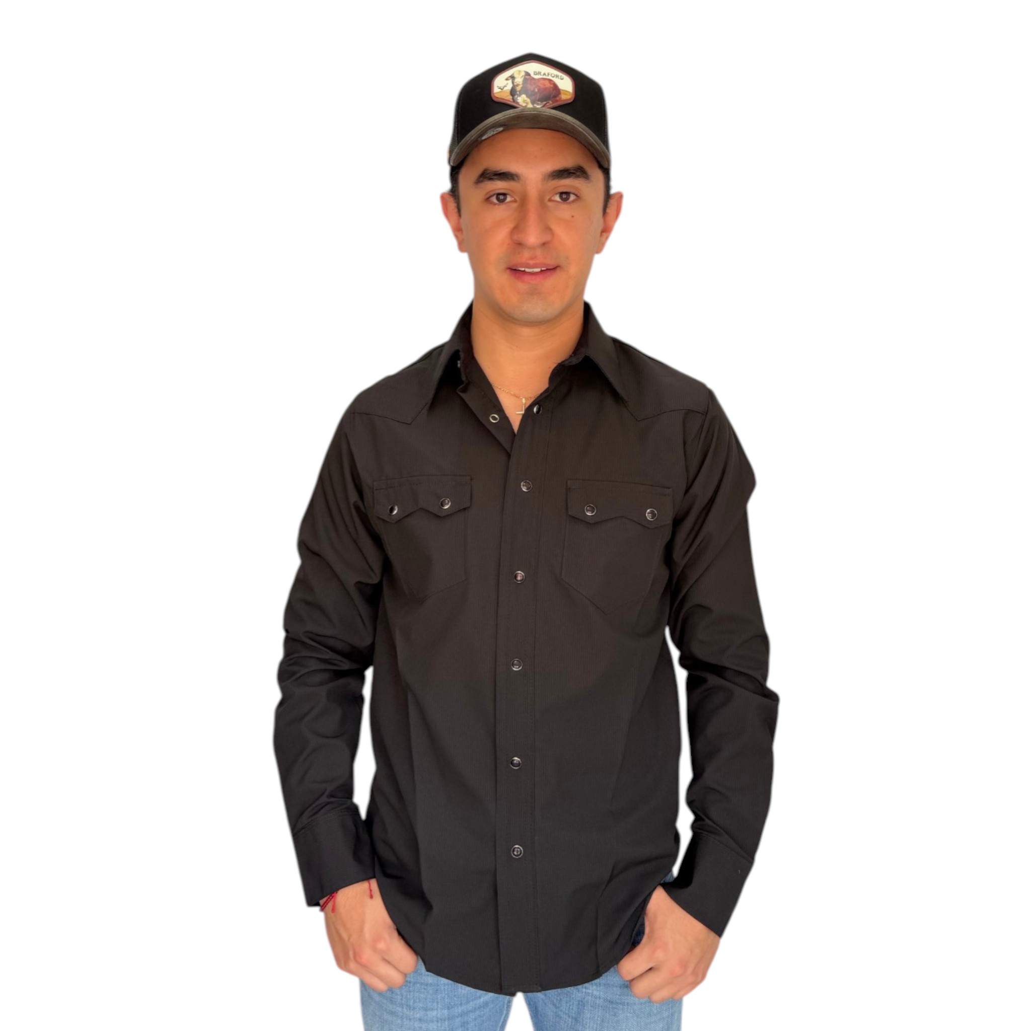 IMG_5244-Photoroom CAMISA REPLICADOS TIPO PESCADOR MANGA LARGA COLOR NEGRO BOTON VAQUERO.