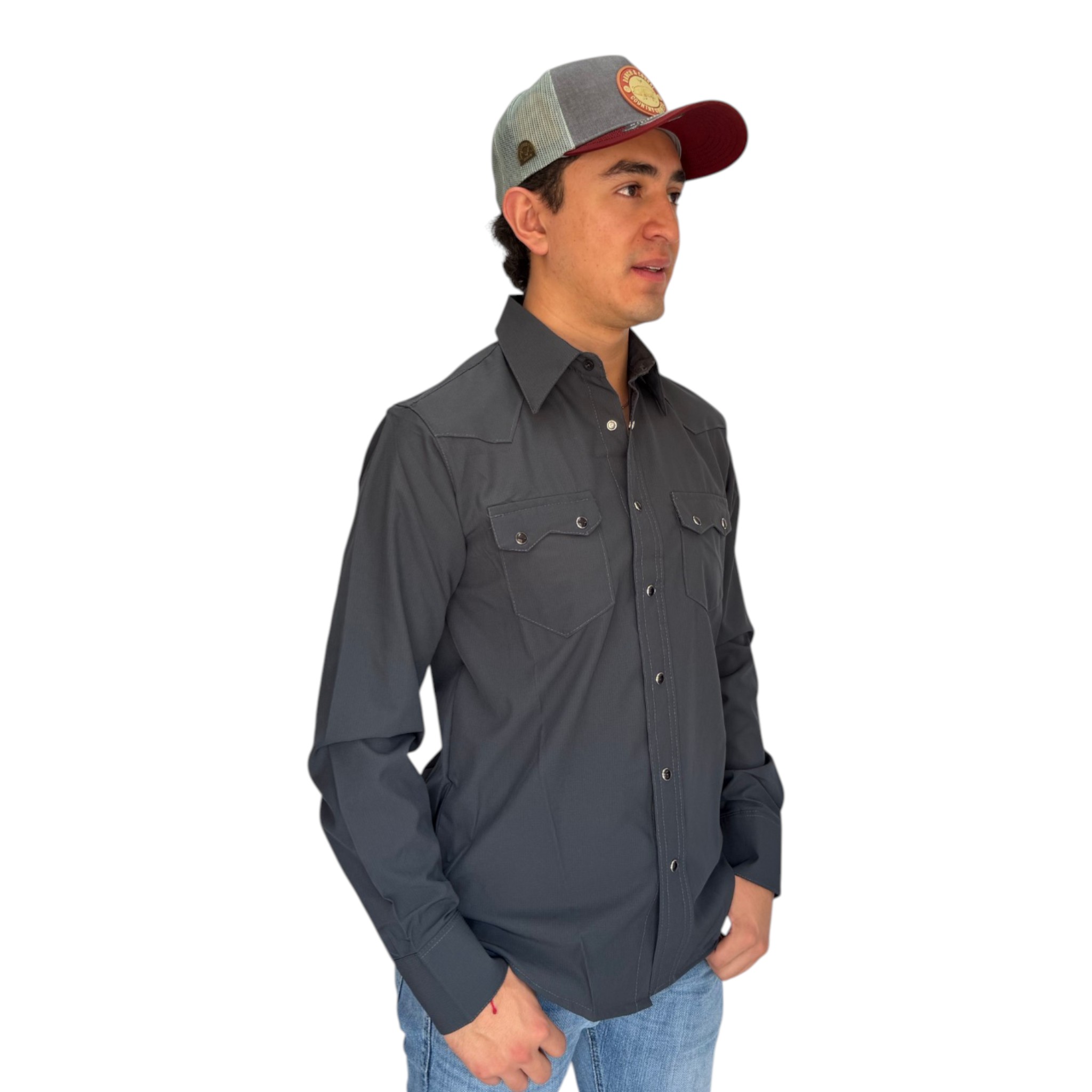 CAMISA REPLICADOS TIPO PESCADOR MANGA LARGA COLOR GRIS BOTON VAQUERO.