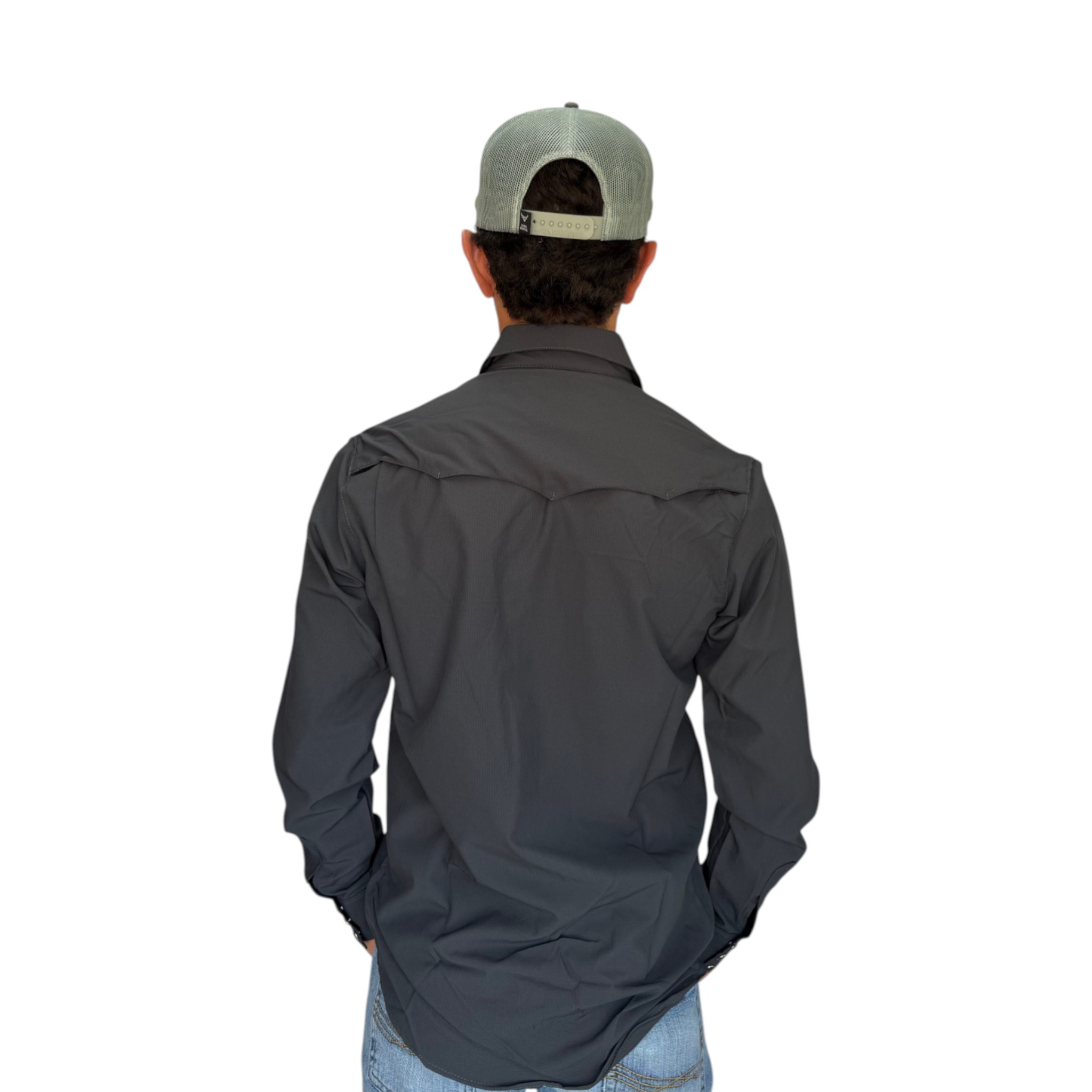 CAMISA REPLICADOS TIPO PESCADOR MANGA LARGA COLOR GRIS BOTON VAQUERO.