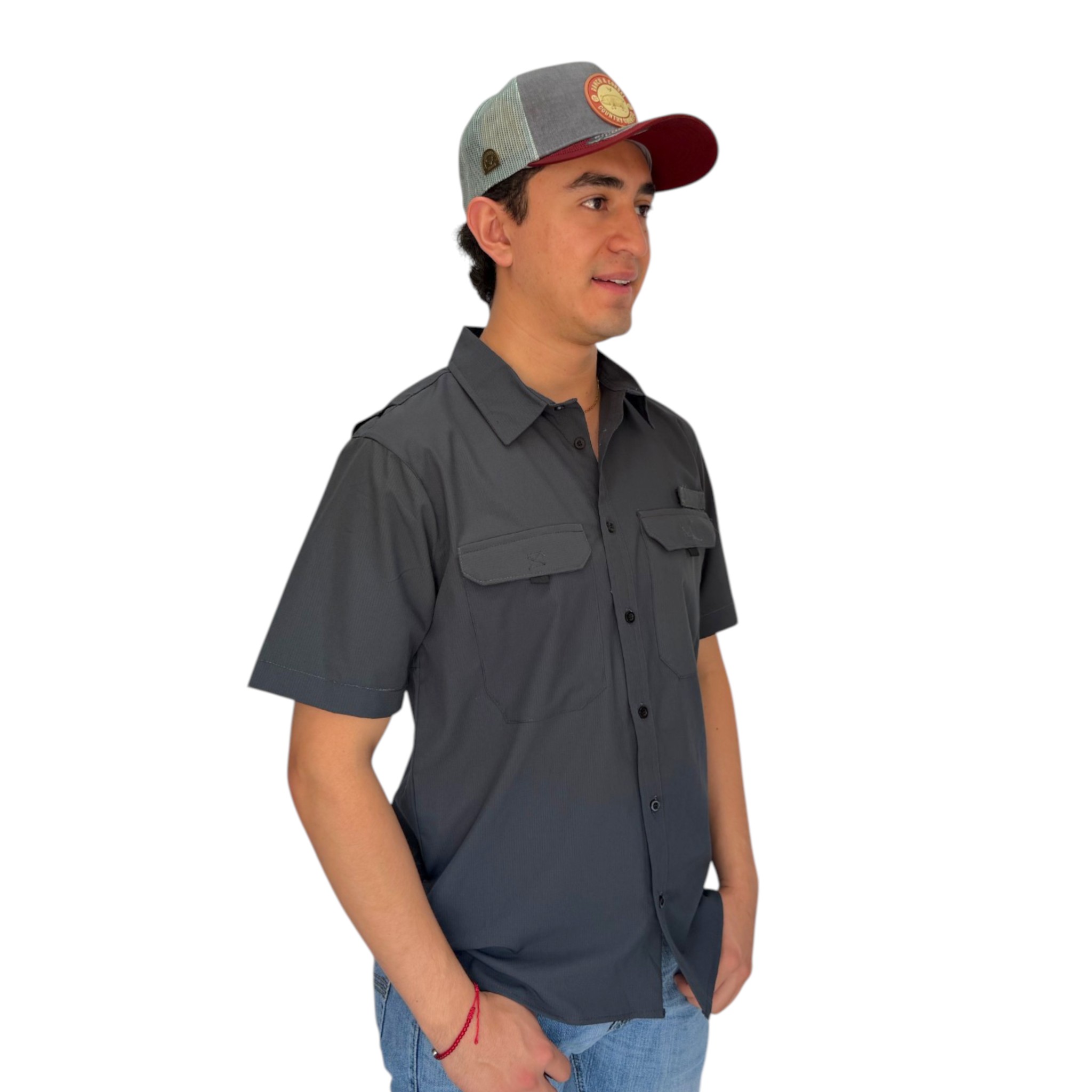 CAMISA REPLICADOS TIPO PESCADOR MANGA CORTA COLOR GRIS.