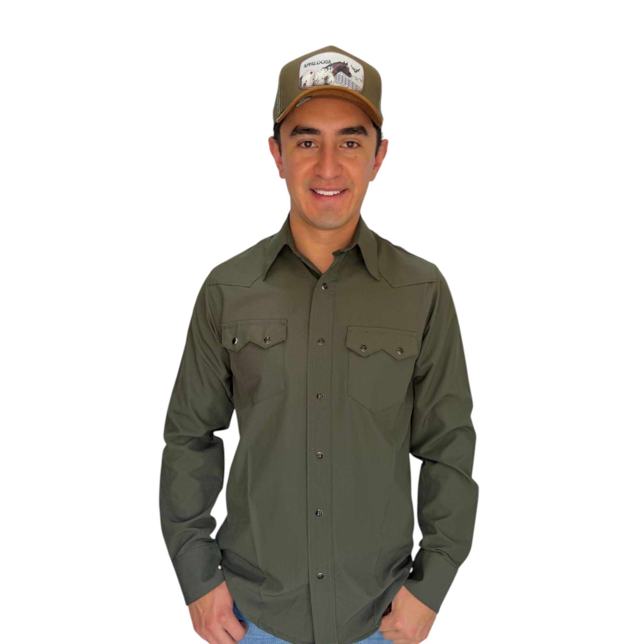 IMG_5257-Photoroom CAMISA REPLICADOS TIPO PESCADOR MANGA LARGA COLOR VERDE BOTON VAQUERO.