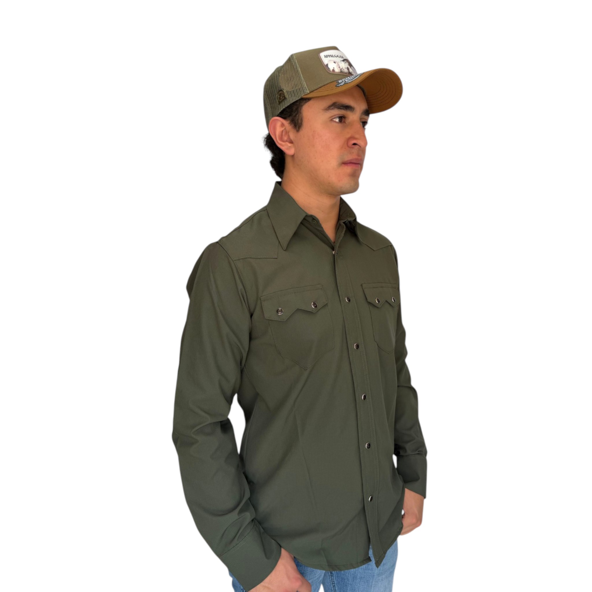 CAMISA REPLICADOS TIPO PESCADOR MANGA LARGA COLOR VERDE BOTON VAQUERO.