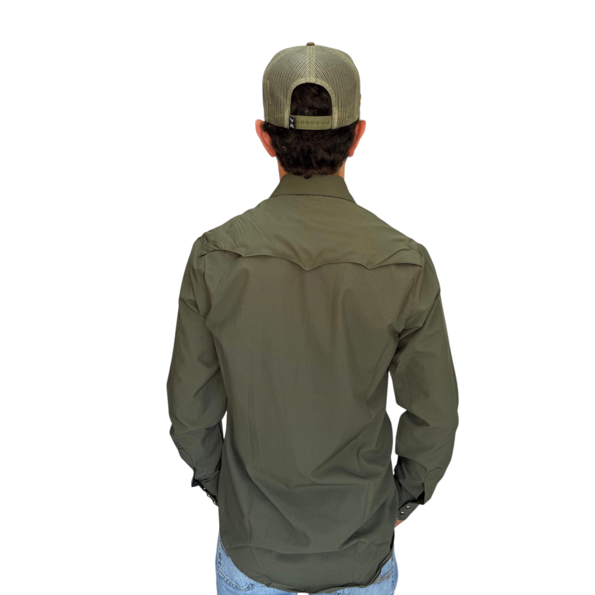 CAMISA REPLICADOS TIPO PESCADOR MANGA LARGA COLOR VERDE BOTON VAQUERO.