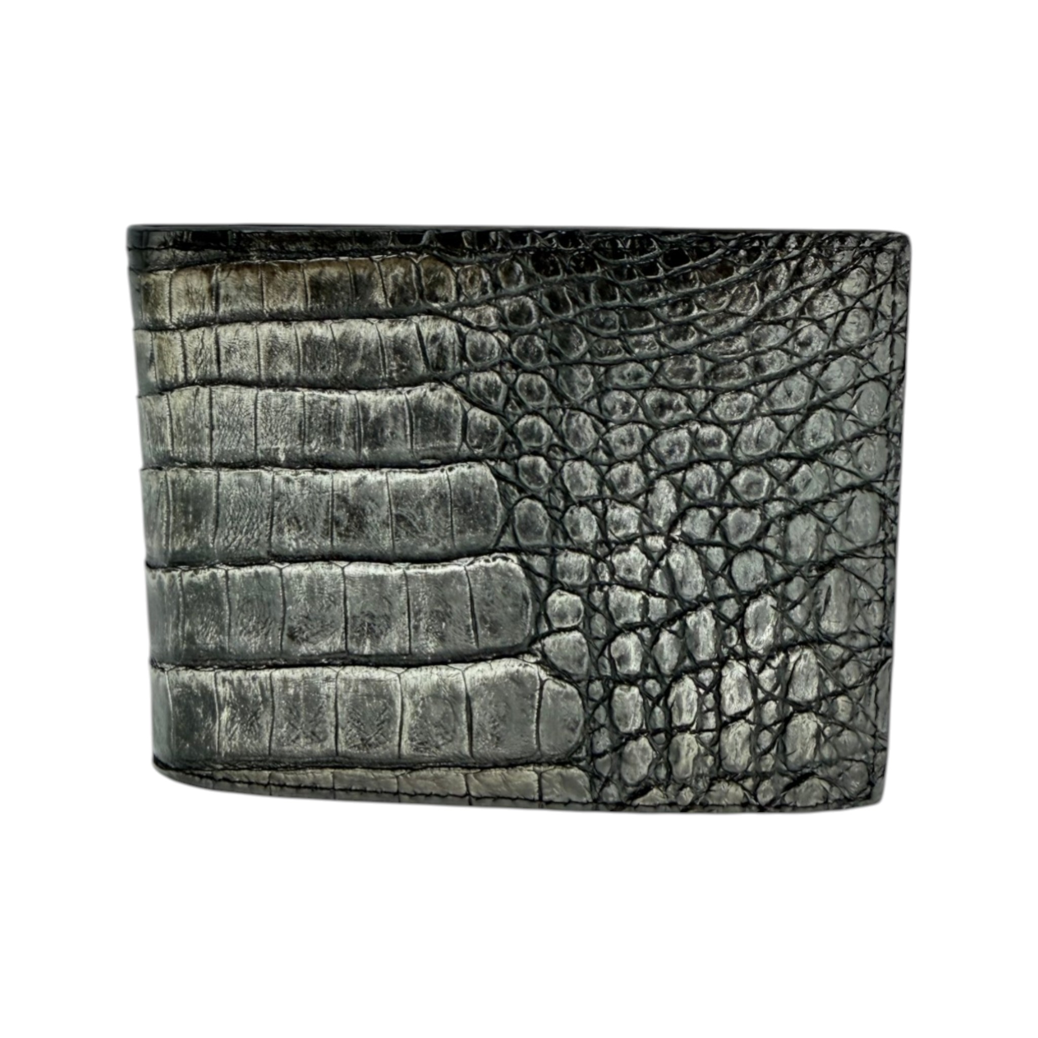 CARTERA CUADRA DE FUSCUS DE COCODRILO NEGRO METALICO.