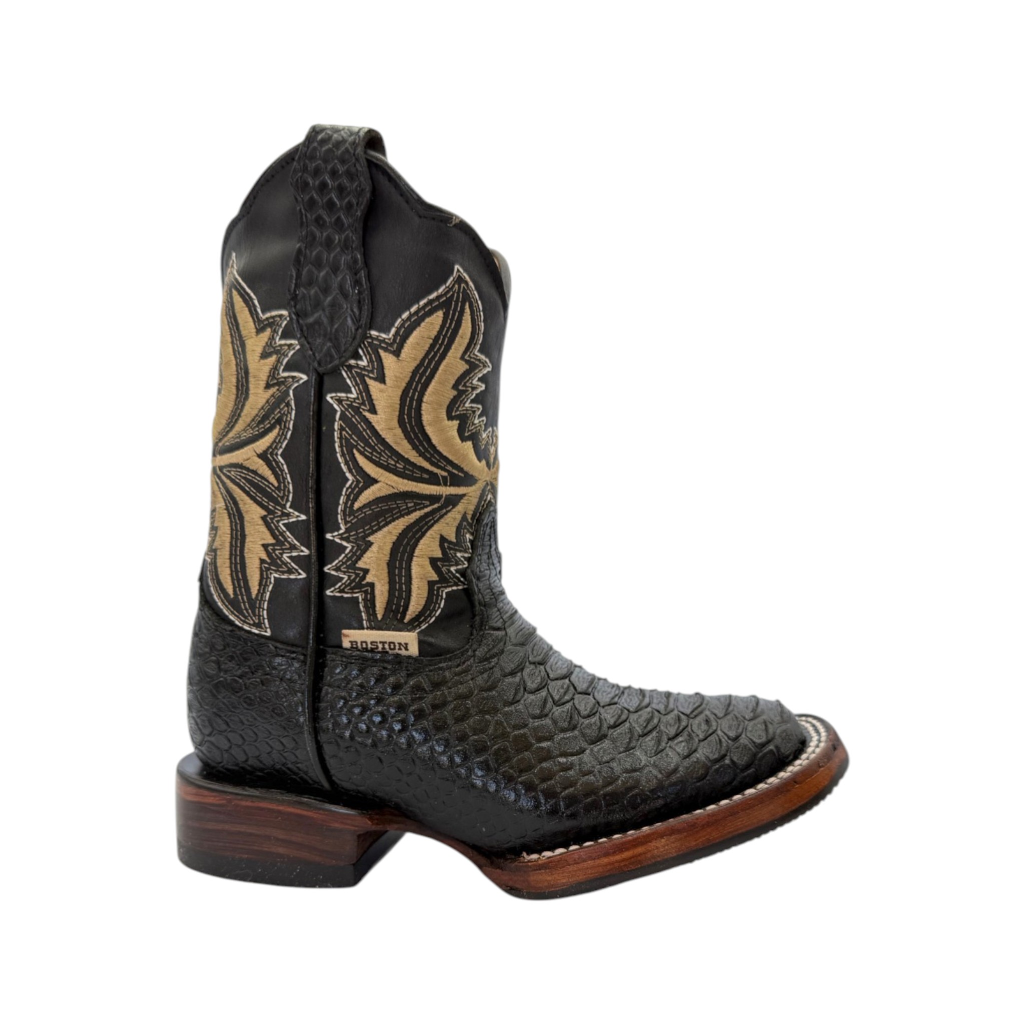 BOTA BOSTON EN PIEL DE PITON IMITACION COLOR NEGRO.
