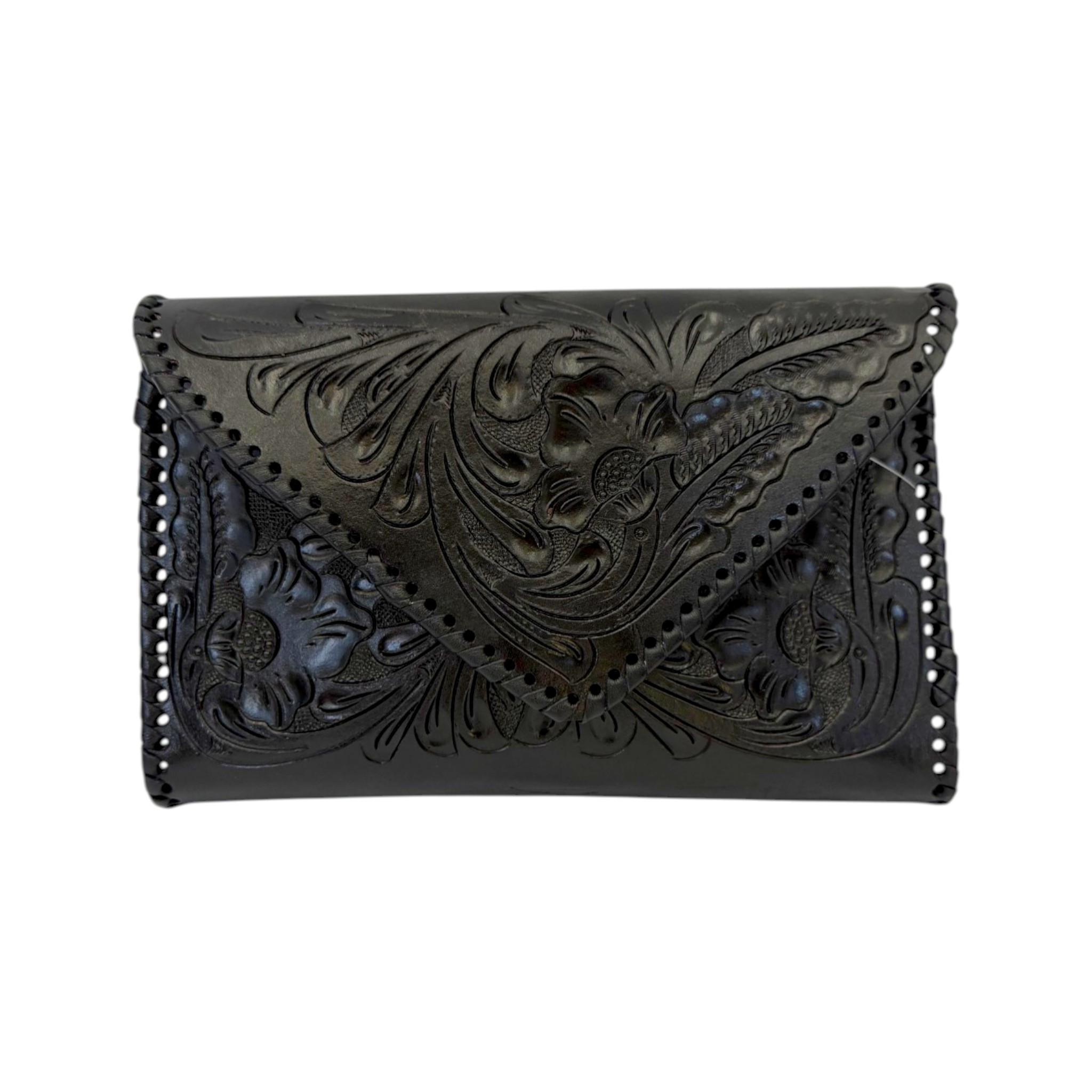 BOLSA CINCELADA ARTESANAL TRIANGULAR NEGRO.