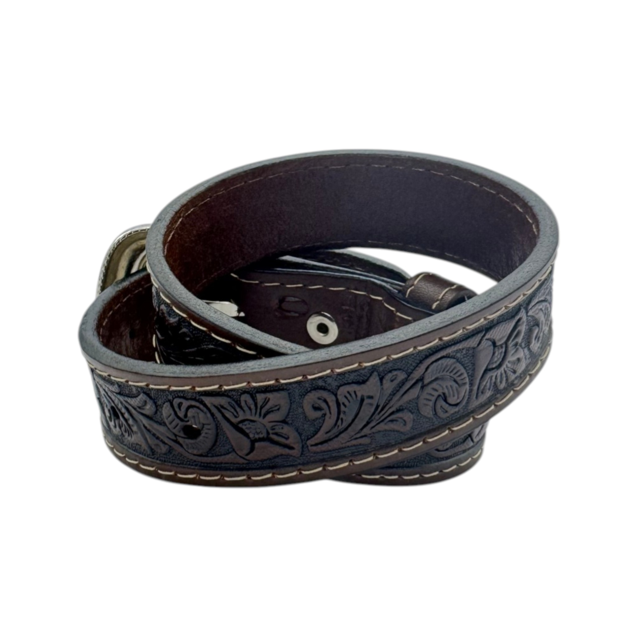 CINTO DE NIÑO EN PIEL GRABADO COLOR CAFÉ.