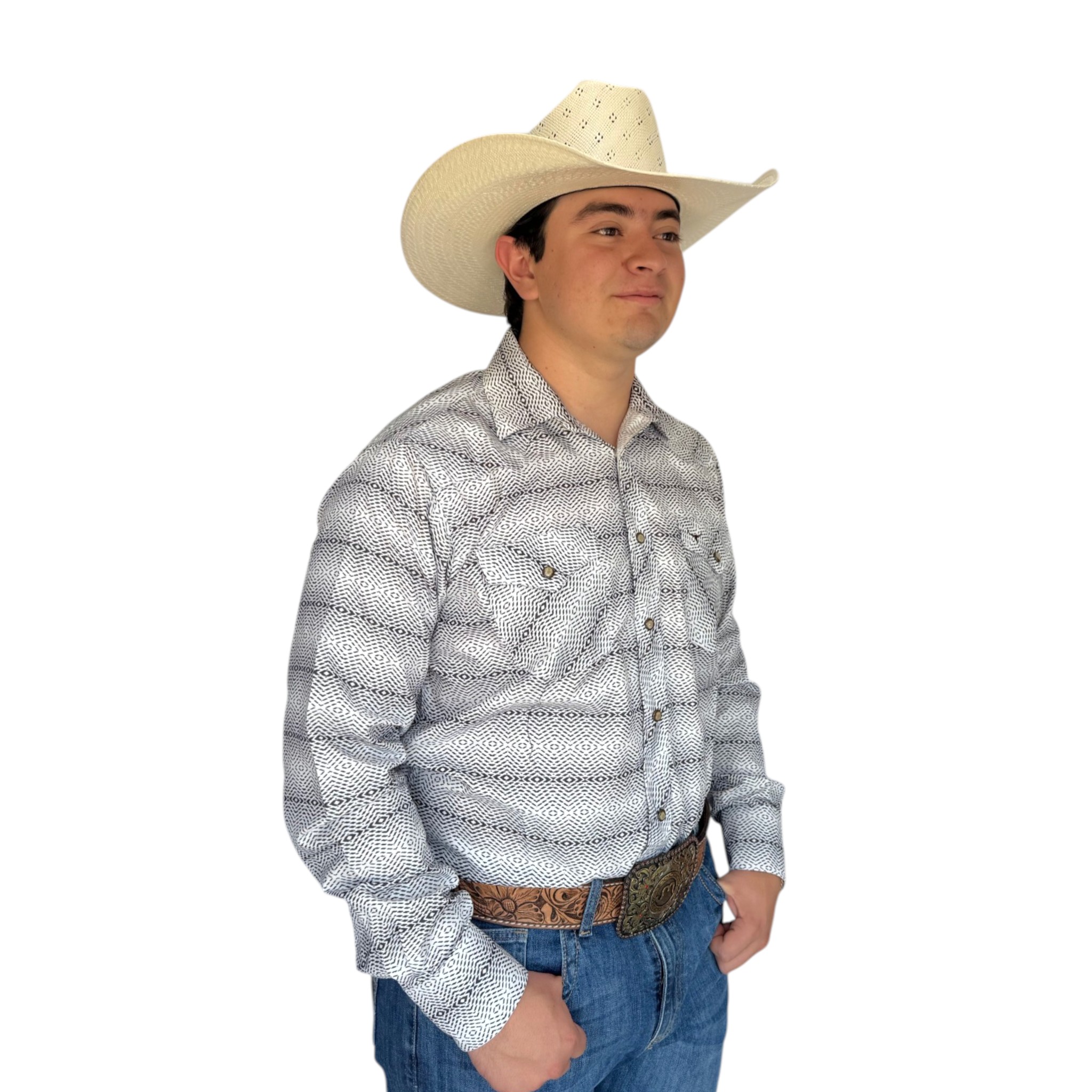 CAMISA RODEO WEST DE CABALLERO ESTAMPADO GEOMETRICO COLOR GRIS/BLANCO.