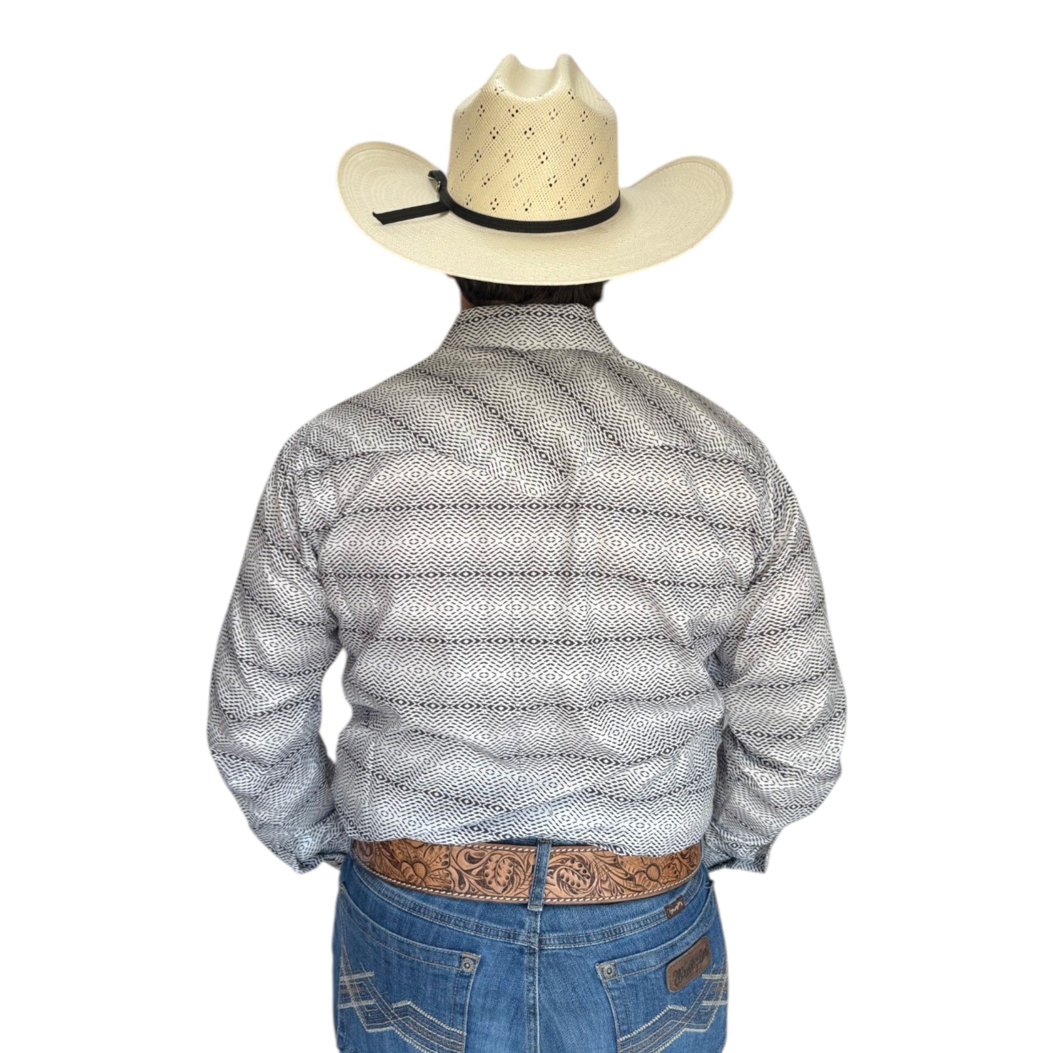 CAMISA RODEO WEST DE CABALLERO ESTAMPADO GEOMETRICO COLOR GRIS/BLANCO.