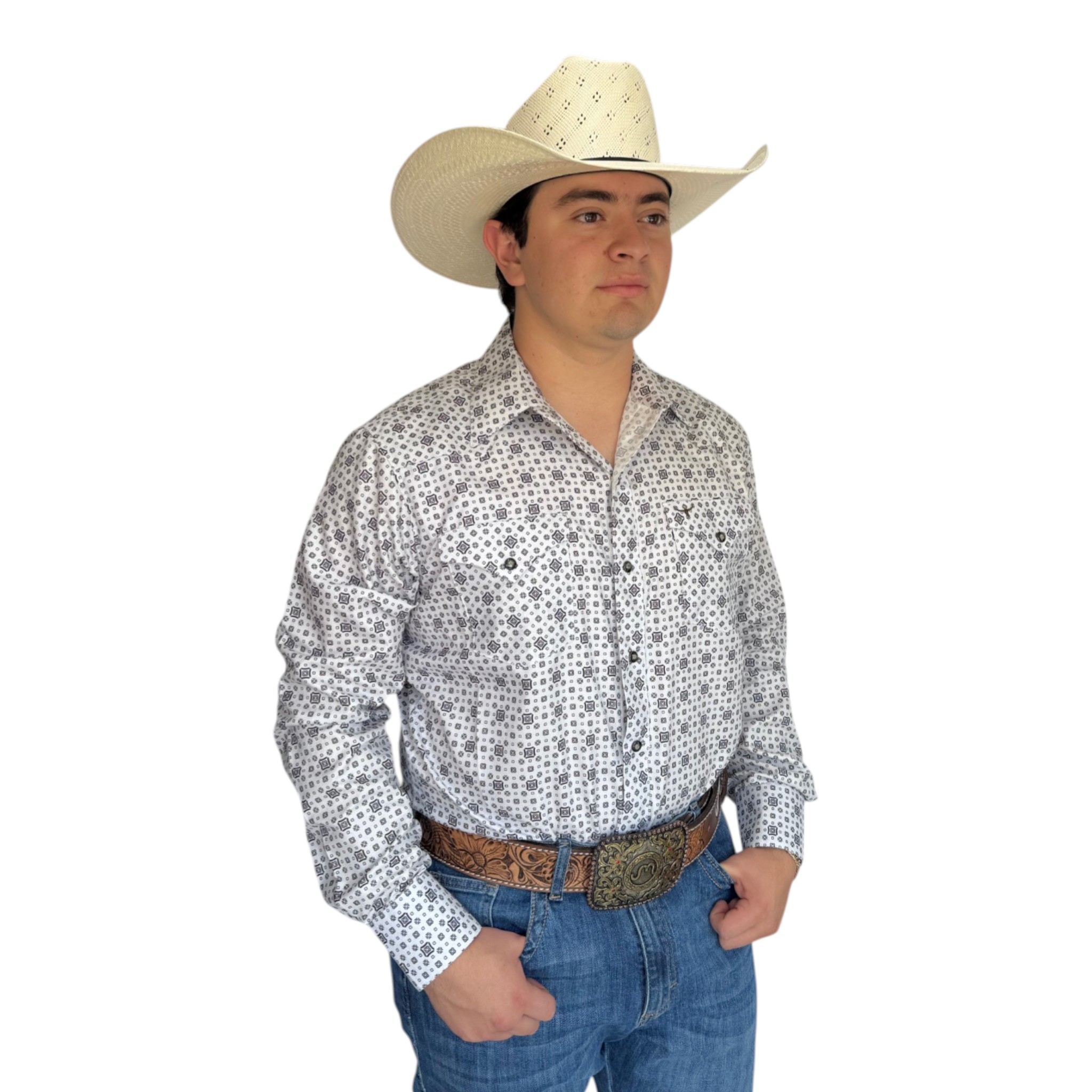 CAMISA RODEO WEST DE CABALLERO ESTAMPADO ROMBO GEOMETRICO COLOR BLANCO/NEGRO.