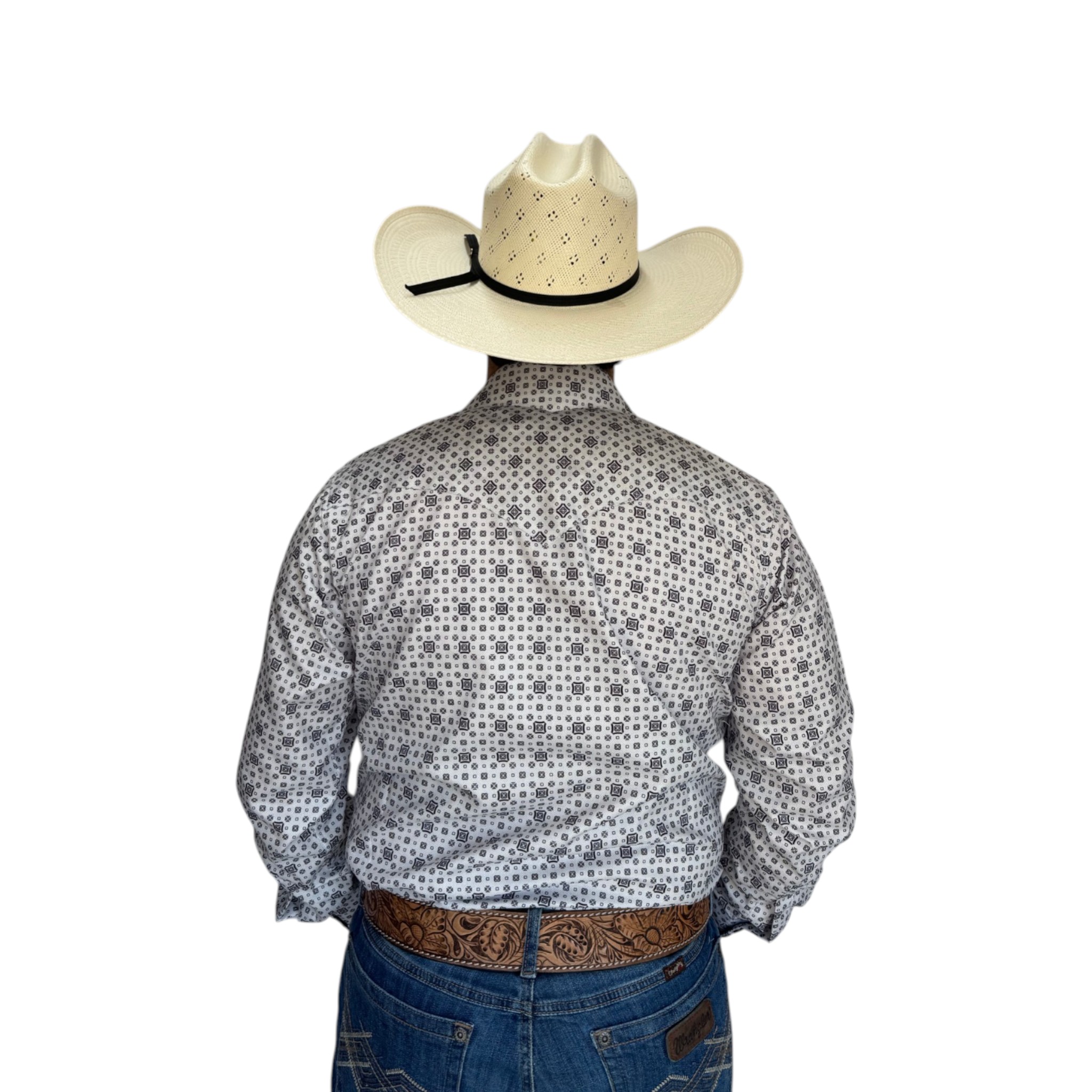 CAMISA RODEO WEST DE CABALLERO ESTAMPADO ROMBO GEOMETRICO COLOR BLANCO/NEGRO.
