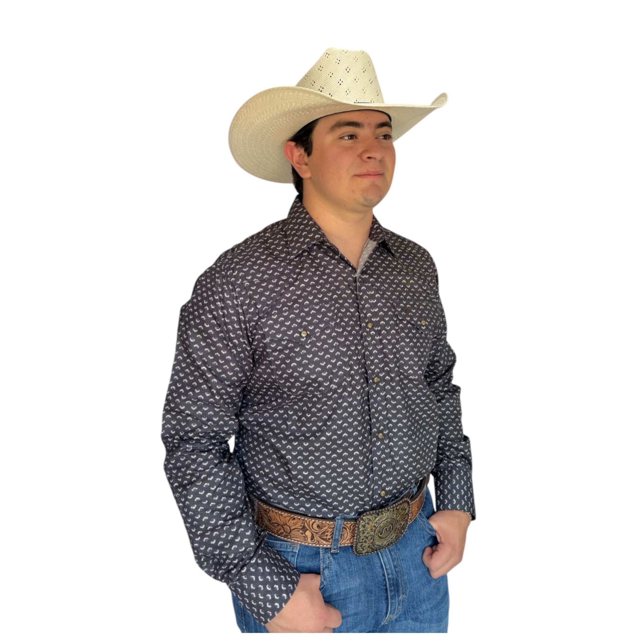 CAMISA RODEO WEST DE CABALLERO COLOR NEGRO CON  ESTAMPADO BLANCO.