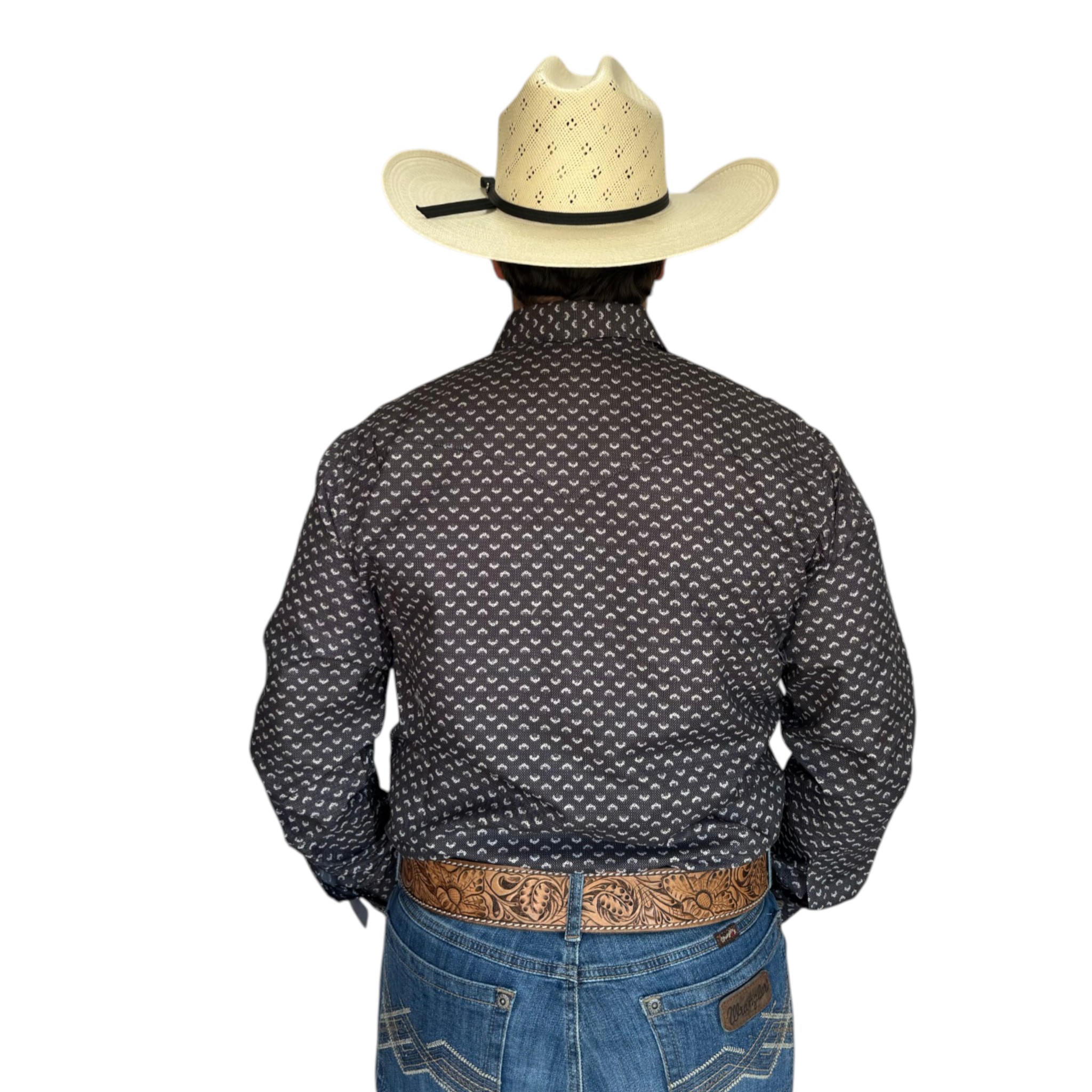 CAMISA RODEO WEST DE CABALLERO COLOR NEGRO CON  ESTAMPADO BLANCO.