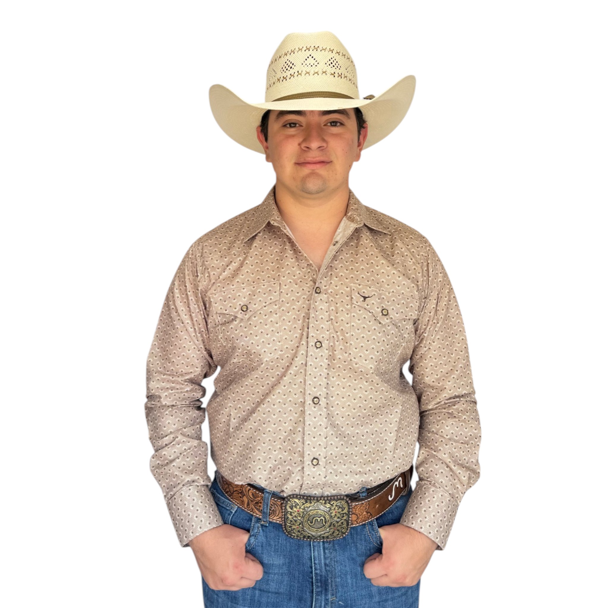 IMG_5751-Photoroom CAMISA RODEO WEST DE CABALLERO COLOR BEIGE CON ESTAMPADO CAFÉ.