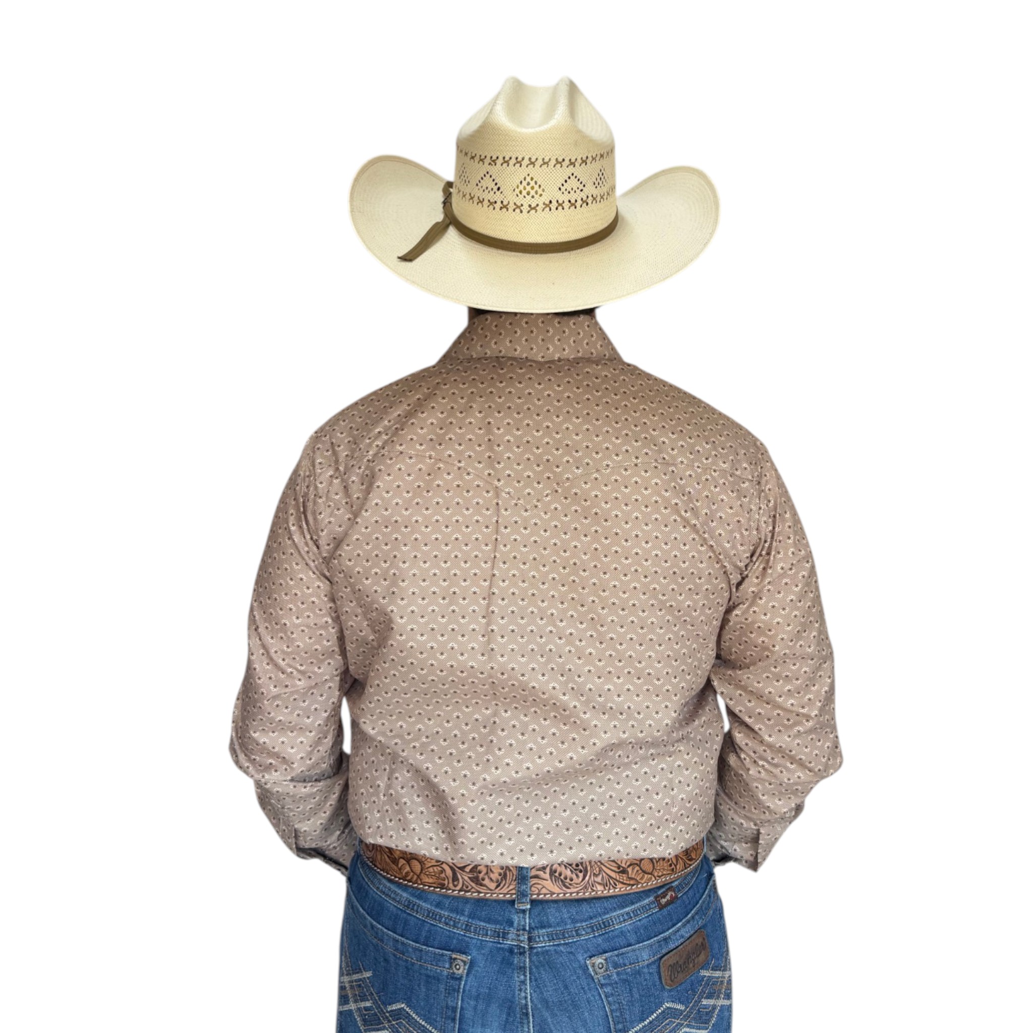 CAMISA RODEO WEST DE CABALLERO COLOR BEIGE CON ESTAMPADO CAFÉ.