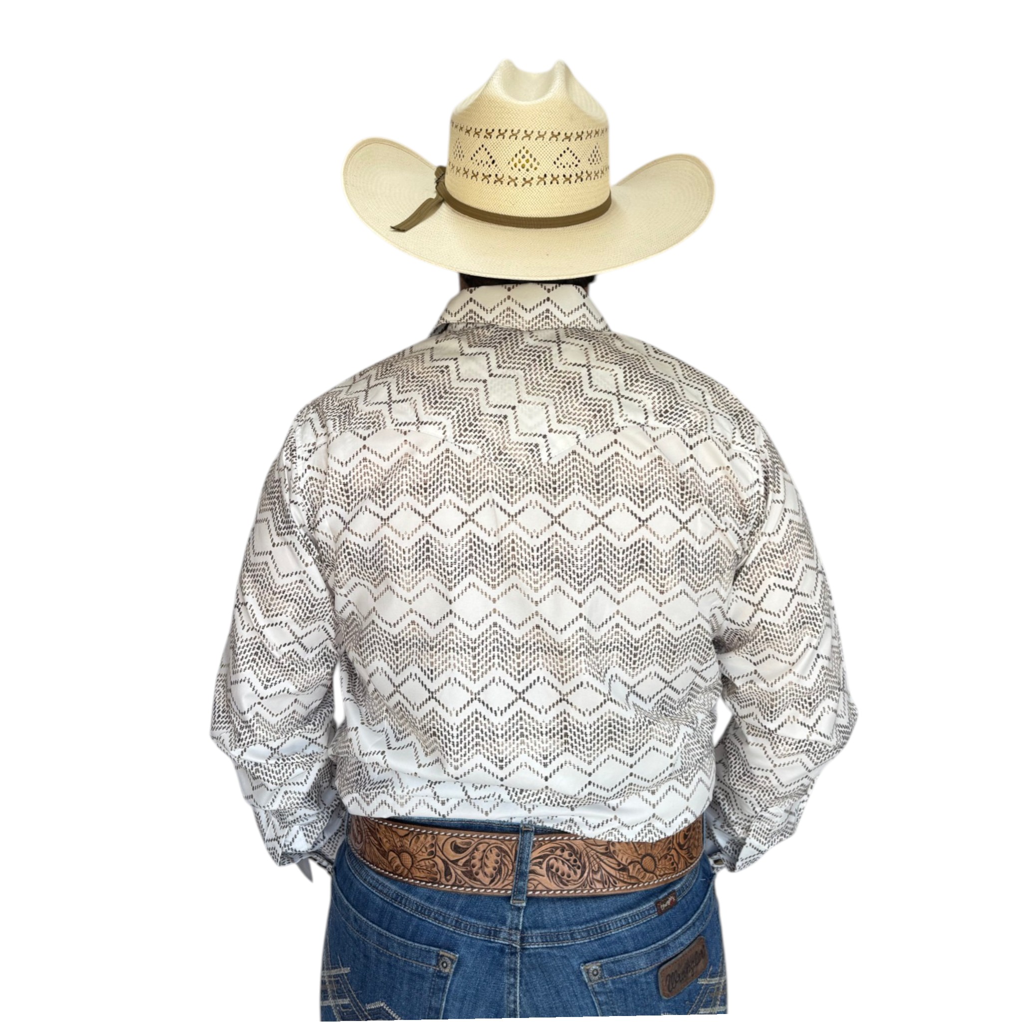 CAMISA RODEO WEST DE CABALLERO COLOR BLANCO CON  ESTAMPADO GEOMETRICO LINEAS.