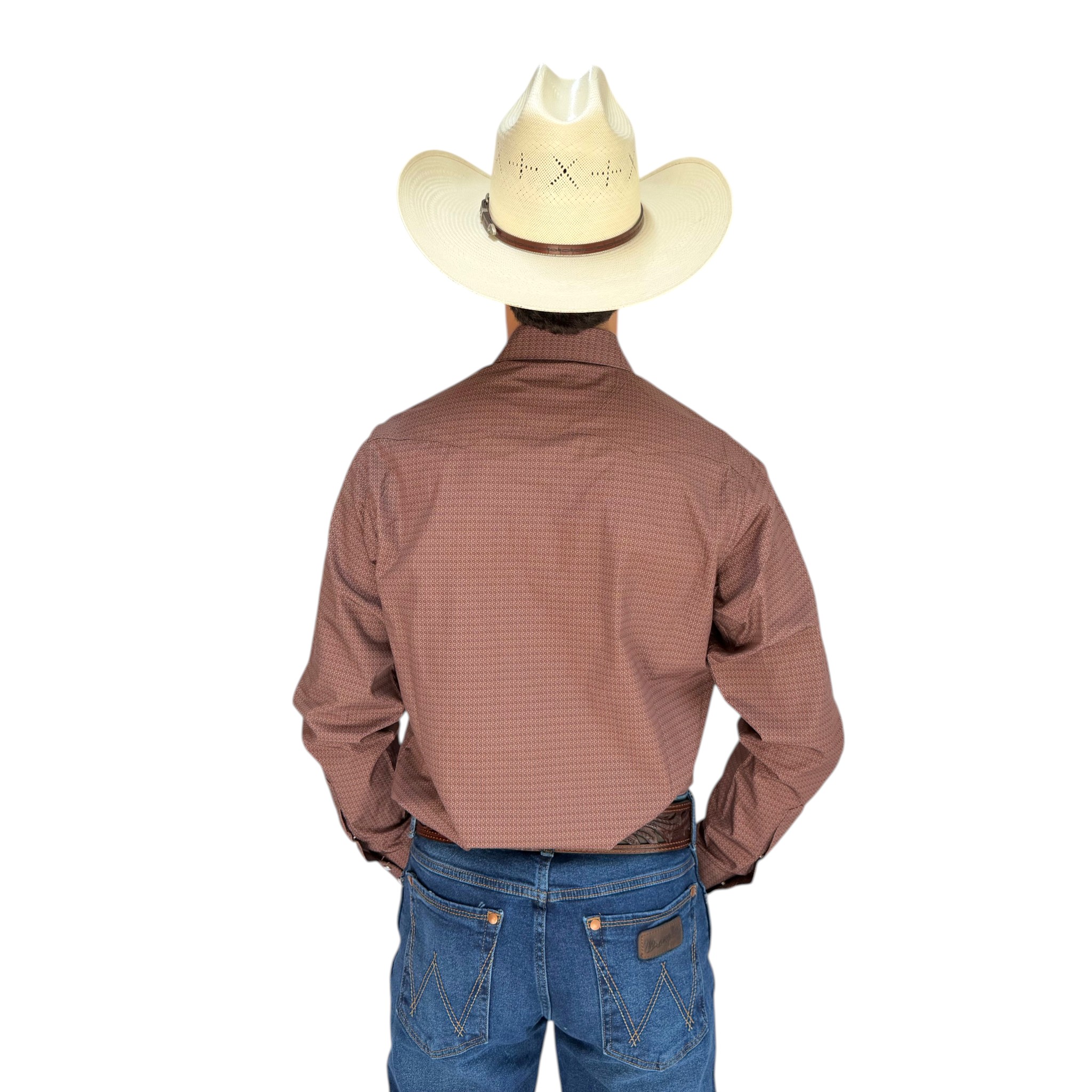 CAMISA WRANGLER VAQUERA DE CABALLERO COLOR LADRILLO CON DISEÑO GEOMÉTRICO