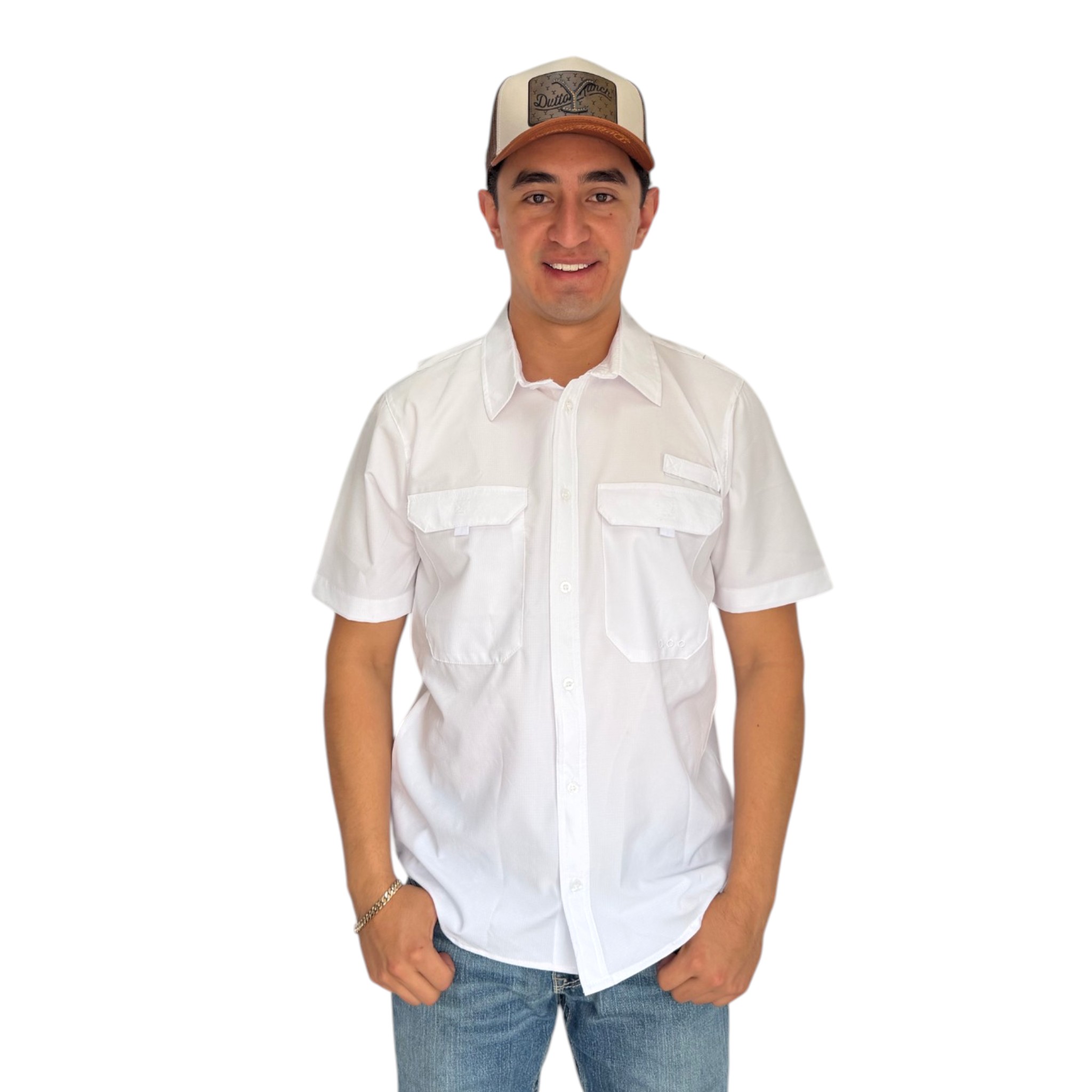 CAMISA REPLICADOS TIPO PESCADOR MANGA CORTA COLOR BLANCO.