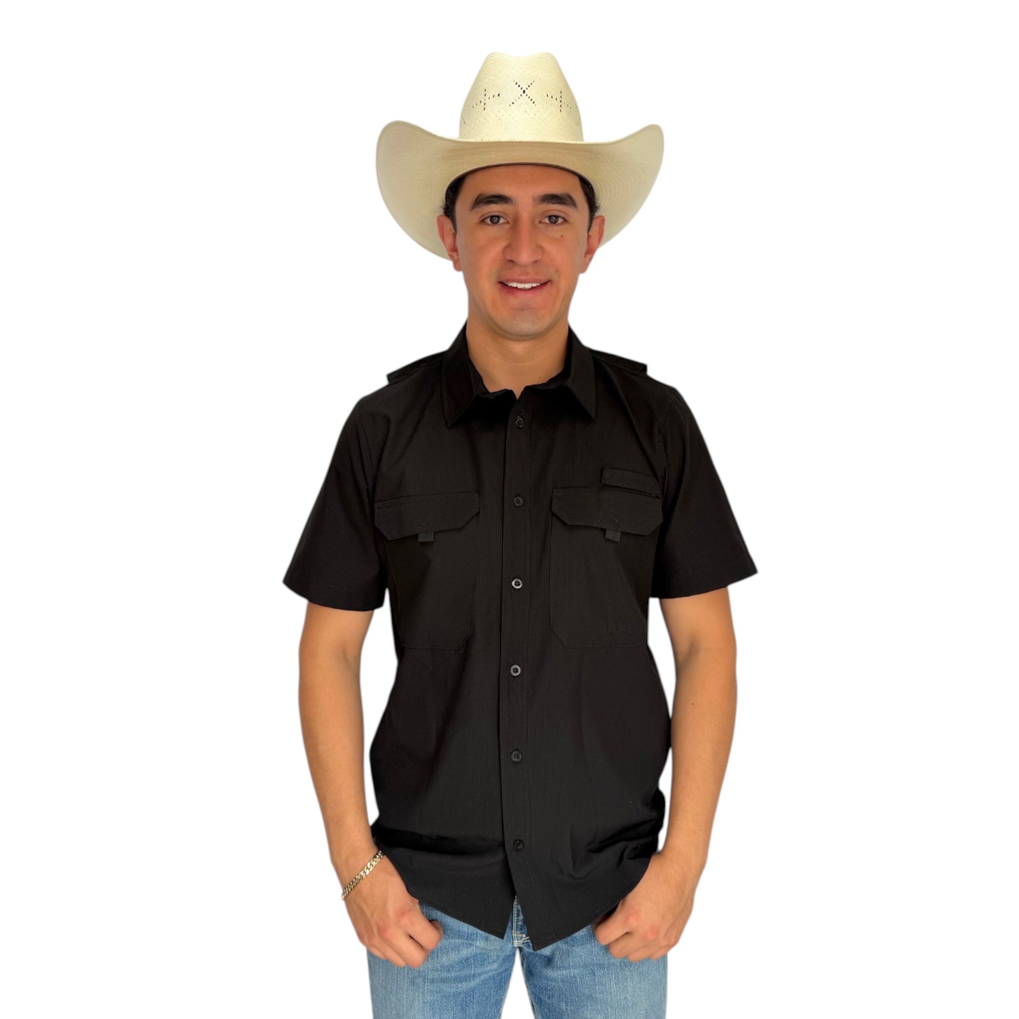 CAMISA REPLICADOS TIPO PESCADOR MANGA CORTA COLOR NEGRO.