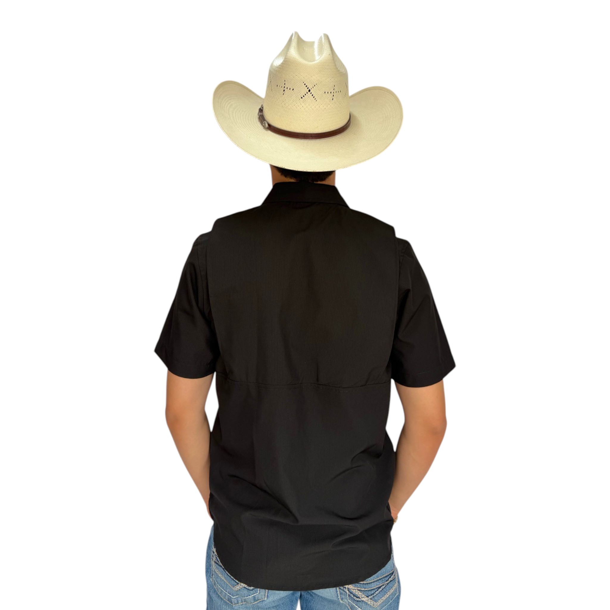 CAMISA REPLICADOS TIPO PESCADOR MANGA CORTA COLOR NEGRO.