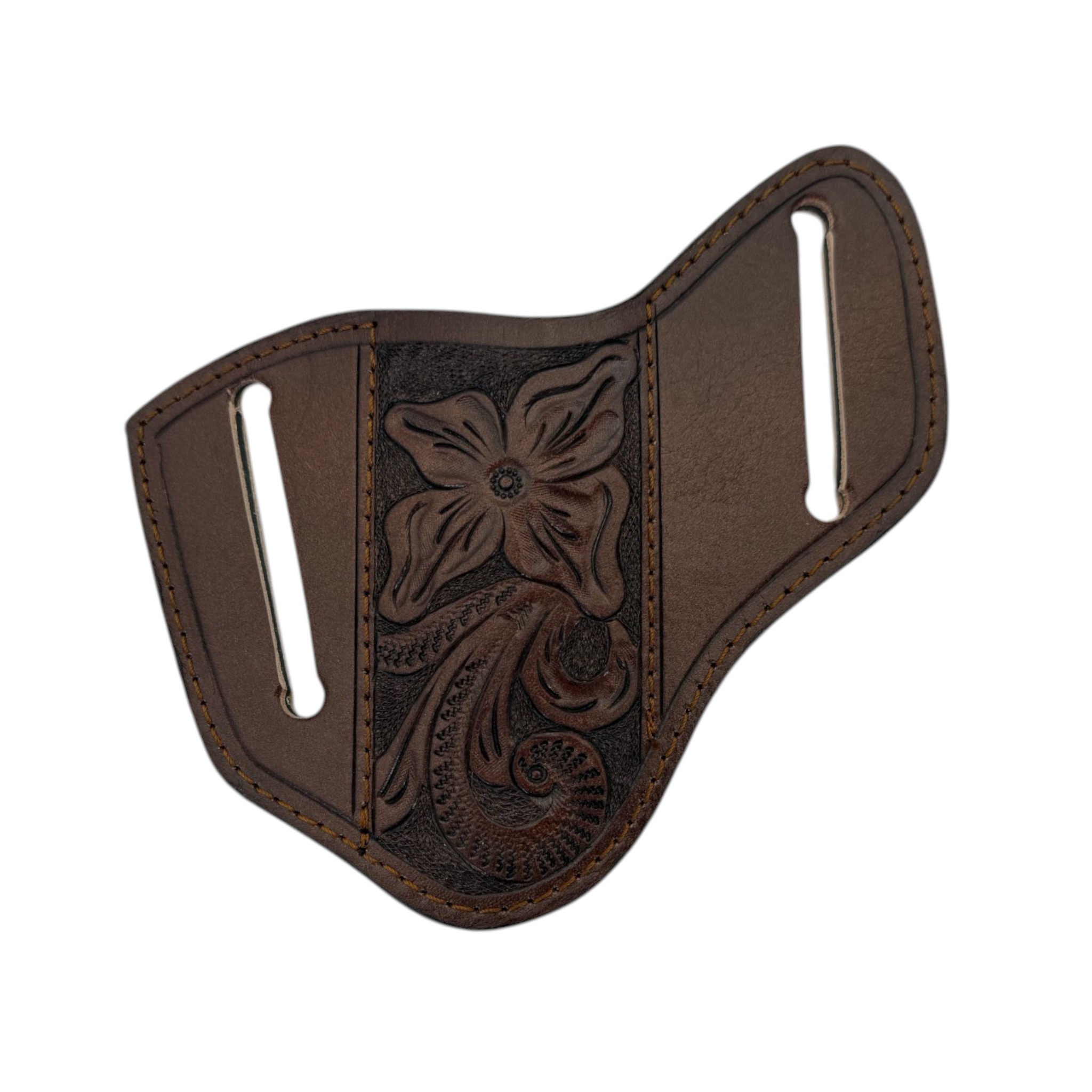 FUNDA DE NAVAJA TIPO MURCIELAGO GRABADO FLOR CAFE.