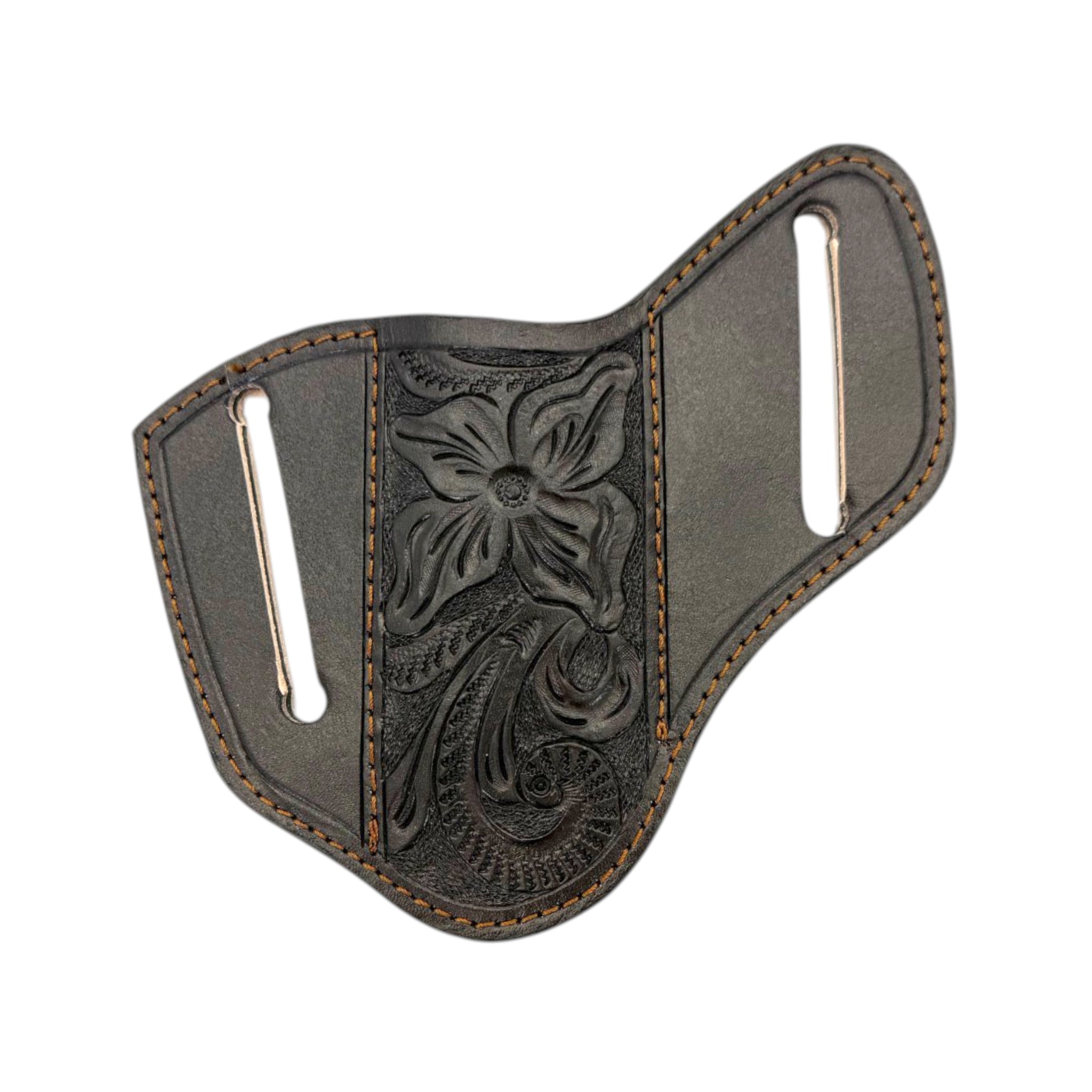 FUNDA DE NAVAJA TIPO MURCIELAGO GRABADO FLOR NEGRO.