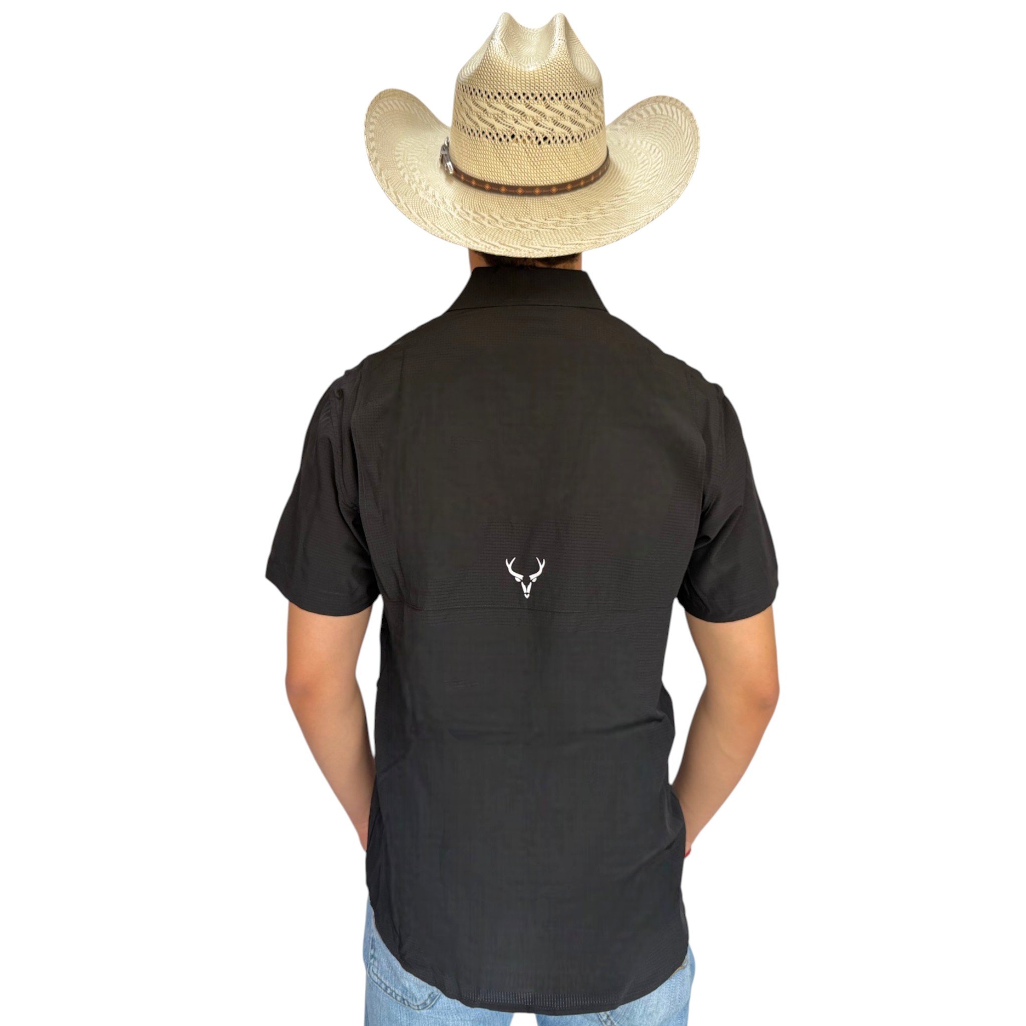 CAMISA MCALLEN TIPO PESCADOR COLOR NEGRO MANGA CORTA.