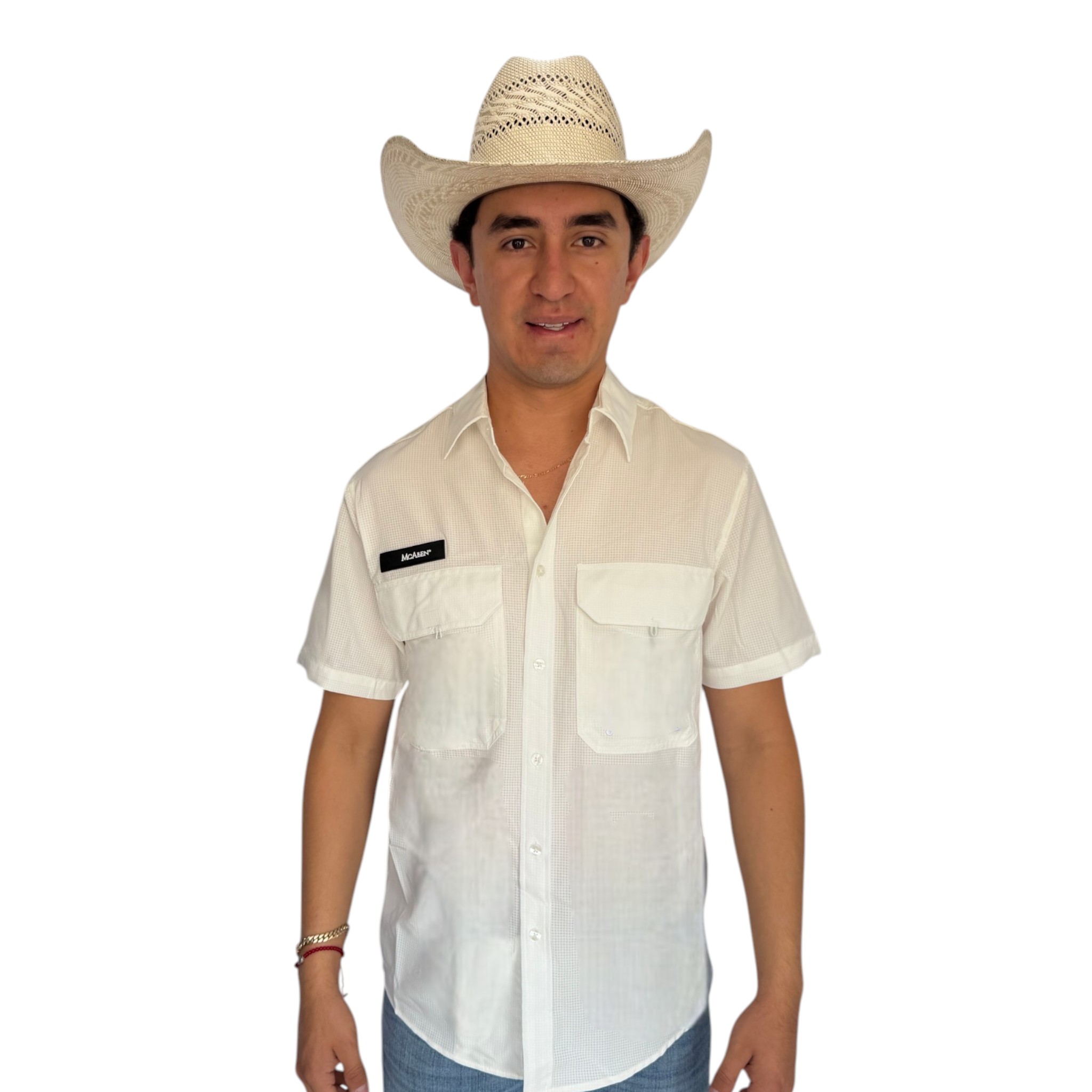 CAMISA MCALLEN TIPO PESCADOR COLOR BLANCO MANGA CORTA.
