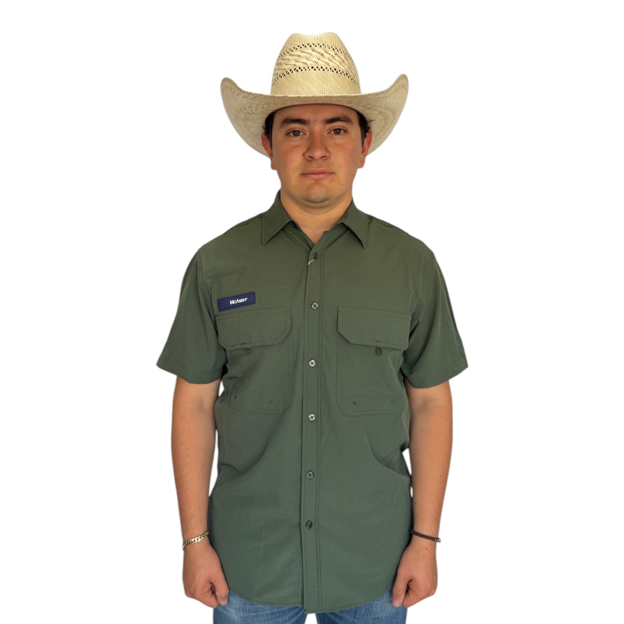 CAMISA MCALLEN TIPO PESCADOR COLOR VERDE MANGA CORTA.