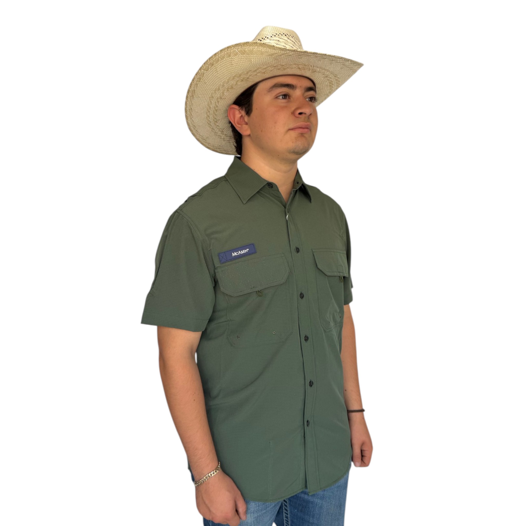 CAMISA MCALLEN TIPO PESCADOR COLOR VERDE MANGA CORTA.