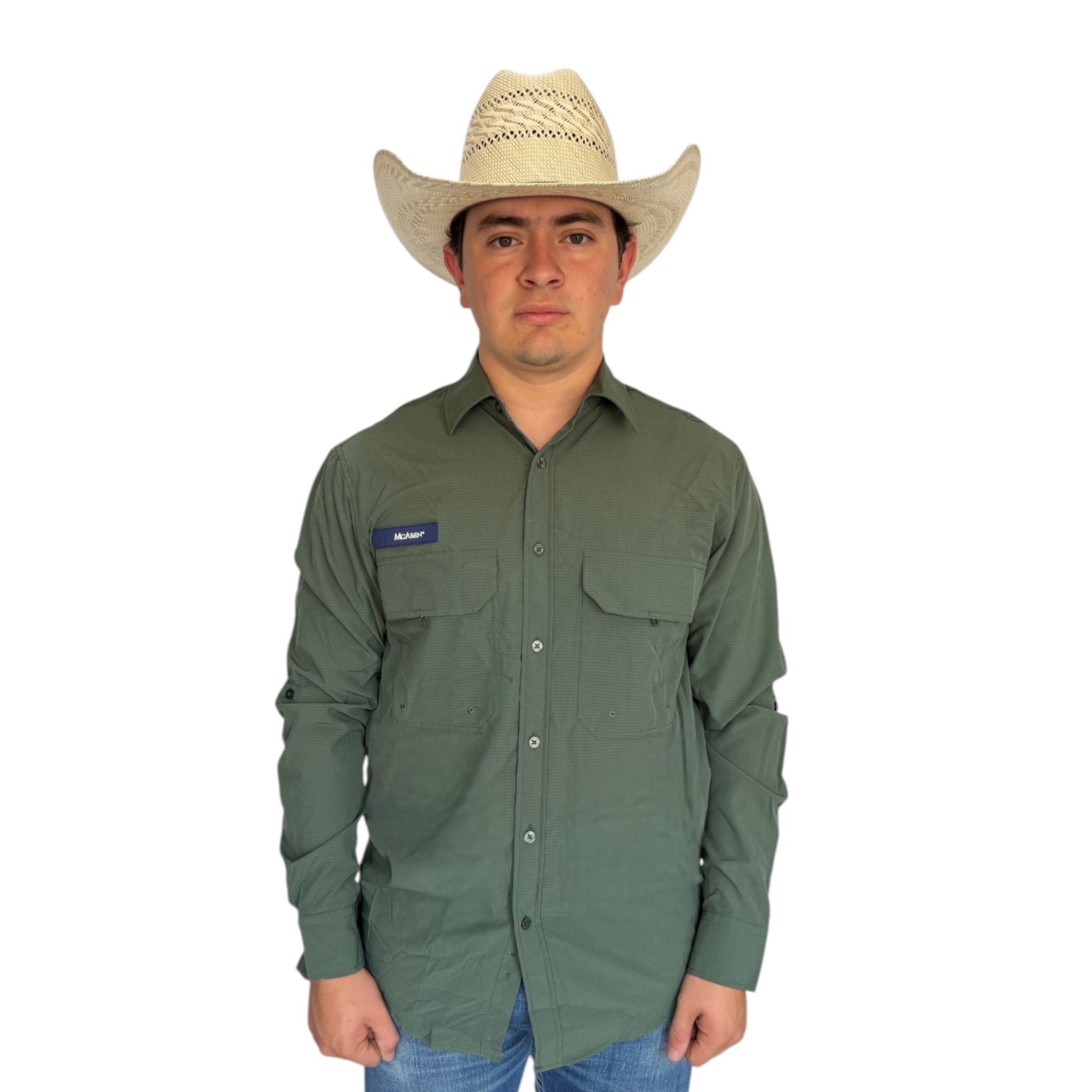 CAMISA MCALLEN TIPO PESCADOR COLOR VERDE MANGA LARGA.