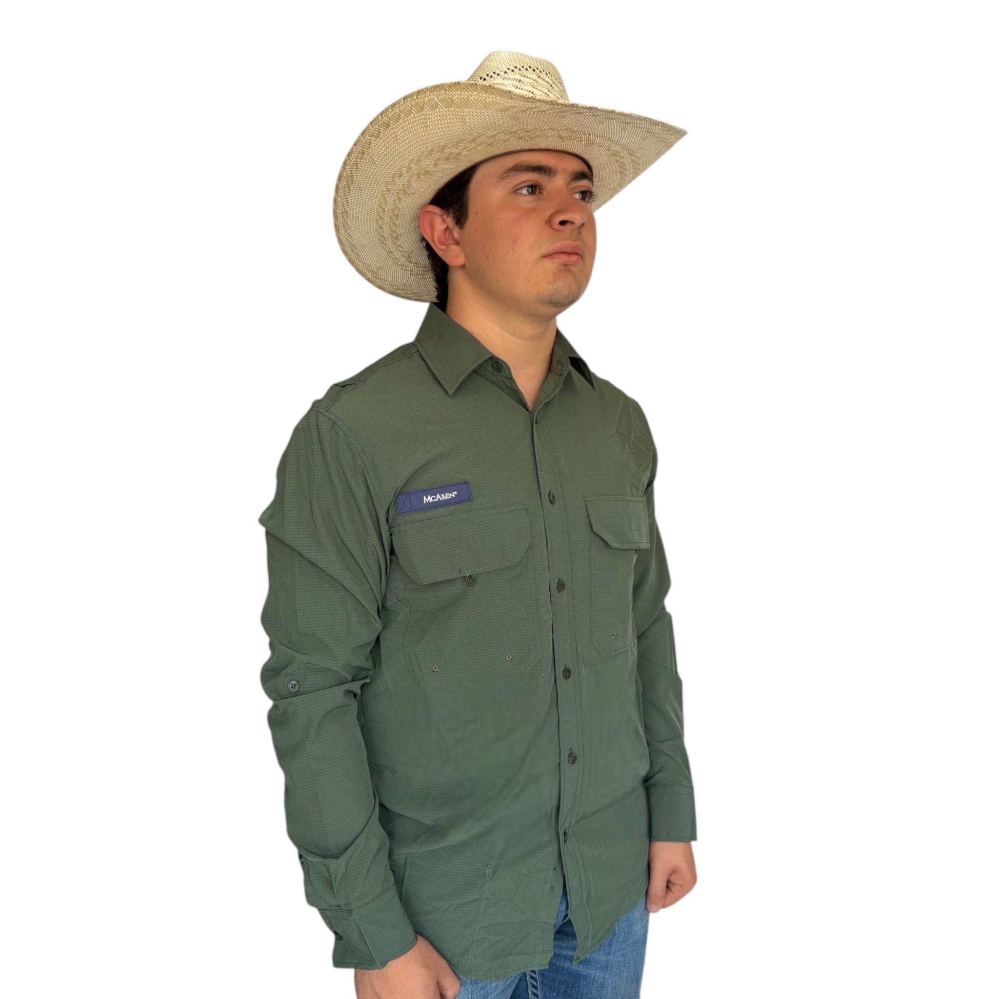 CAMISA MCALLEN TIPO PESCADOR COLOR VERDE MANGA LARGA.