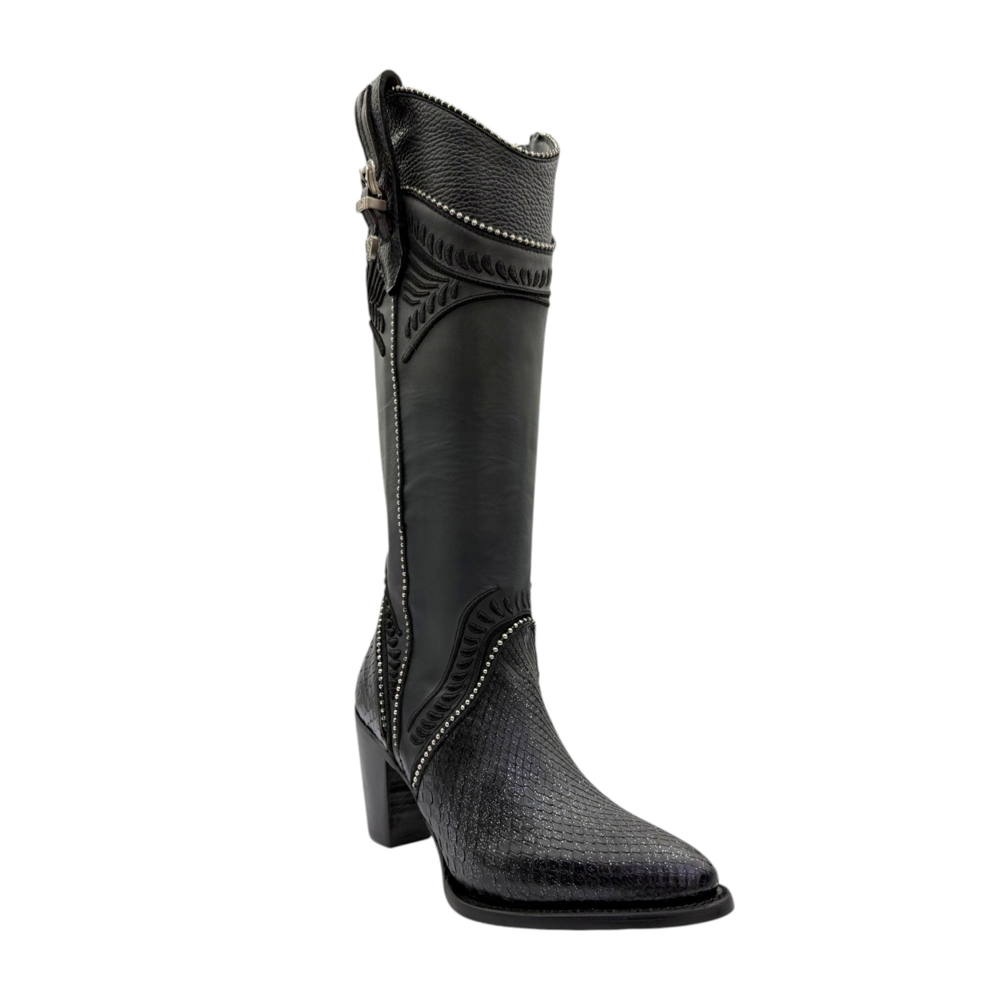 BOTA CUADRA TRADICIONAL PARA DAMA EN PIEL GENUINA DE PITON COLOR NEGRO.
