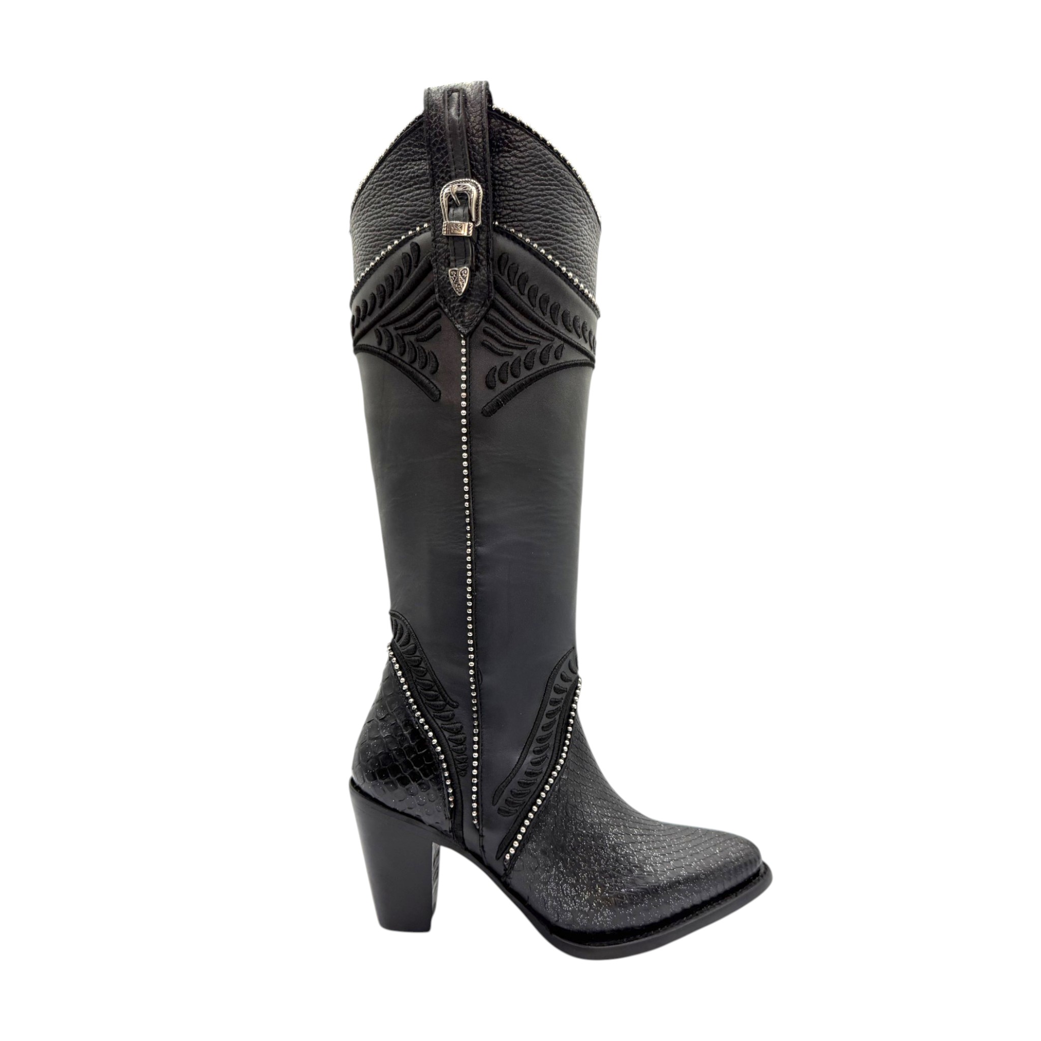BOTA CUADRA TRADICIONAL PARA DAMA EN PIEL GENUINA DE PITON COLOR NEGRO.