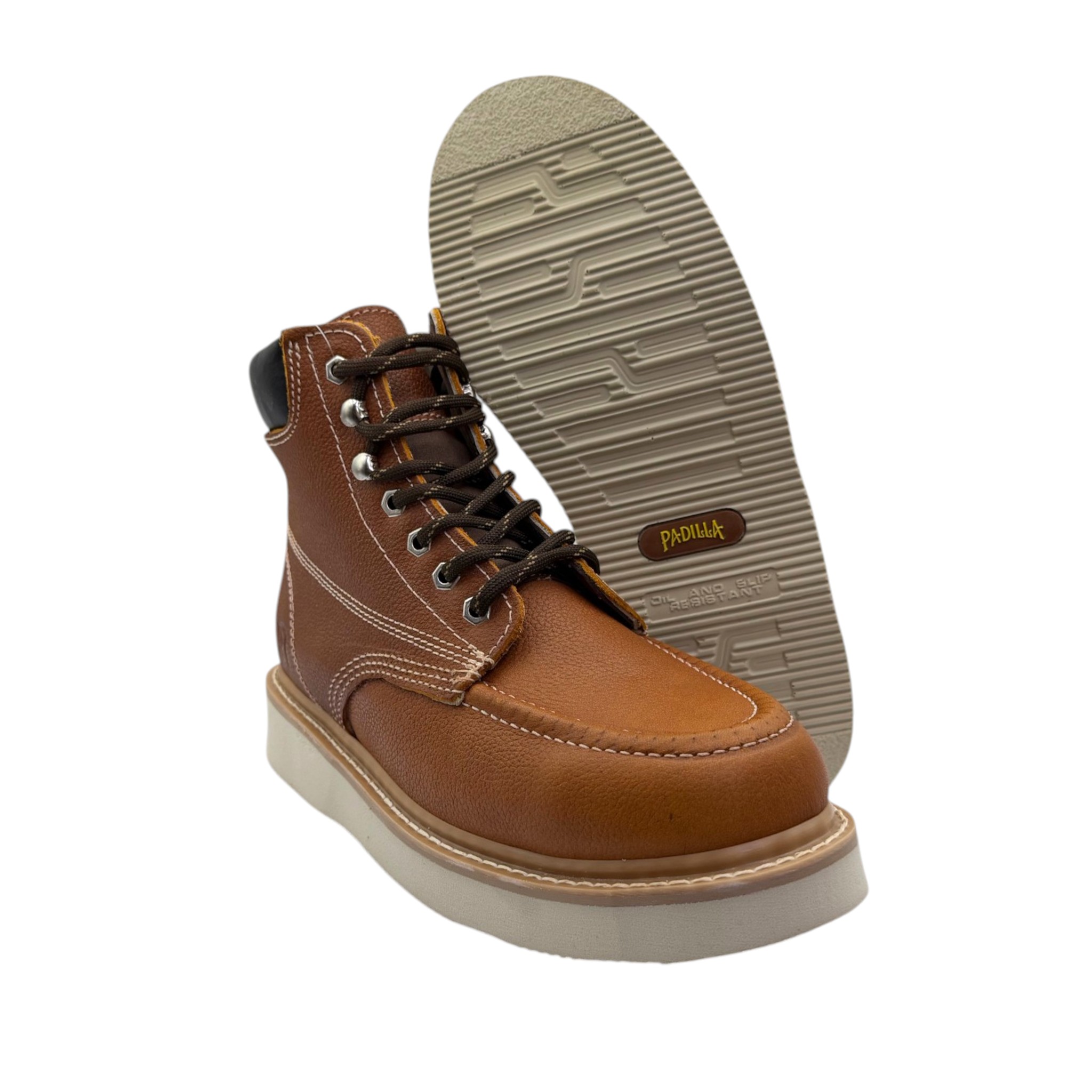 BOTA PADILLA EN PIEL DE RES DE TRABAJO CON SUELA DE POLIURETANO EN MIL RAYAS COLOR ROBLE.