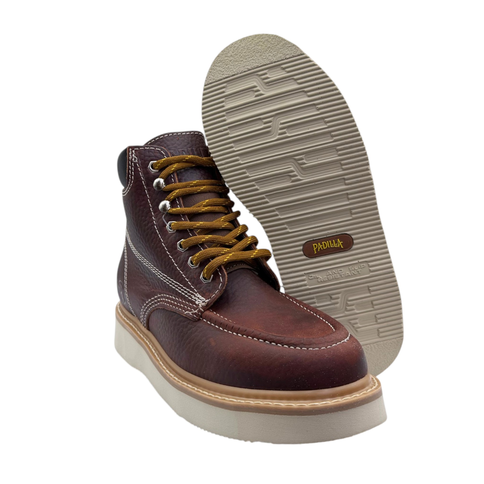 BOTA PADILLA EN PIEL DE RES DE TRABAJO CON SUELA DE POLIURETANO EN MIL RAYAS COLOR SHEDRON.